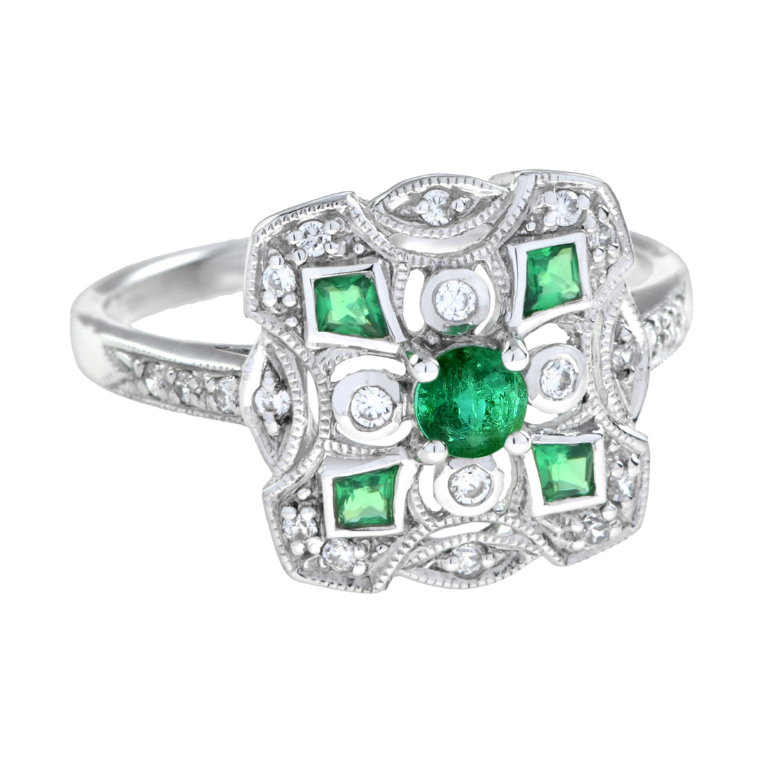 Art Deco Style Green Emerald & Diamond Cluster Vintage Inspired White Gold Ring