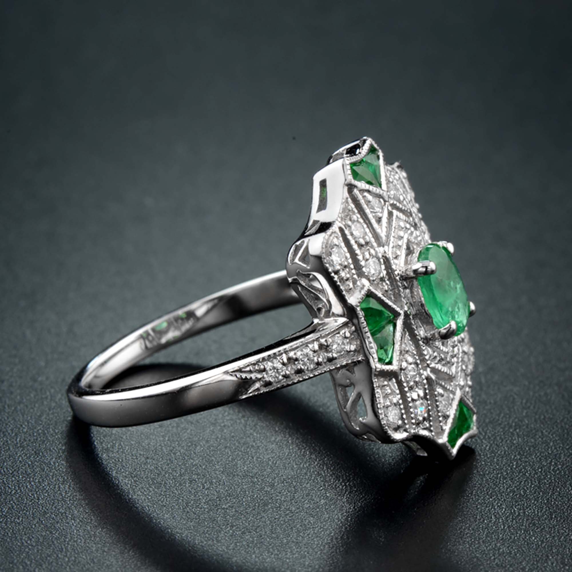 Emerald & Diamond Vintage Inspired Art Deco Style Filigree White Gold Ring