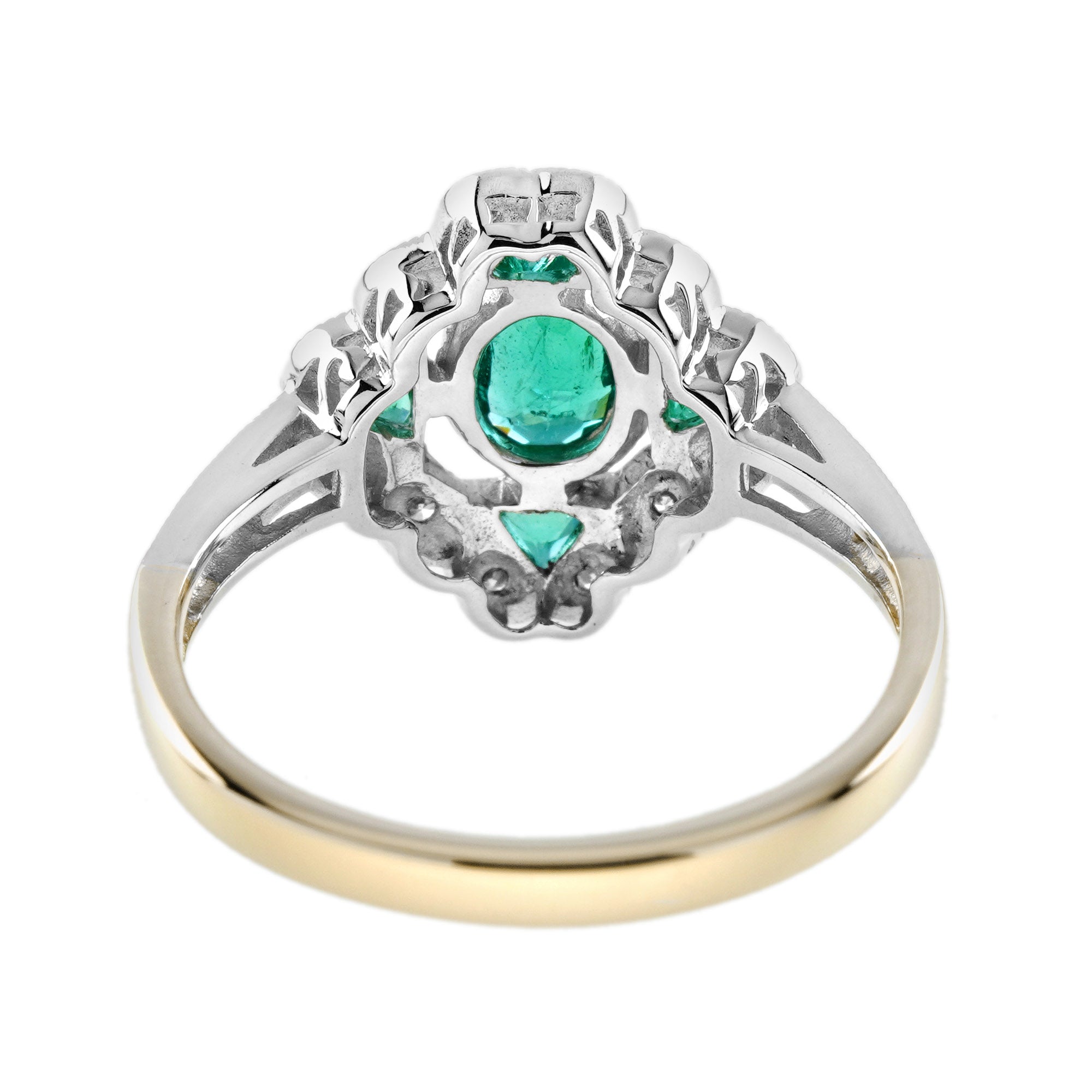 Oval Shape Green Emerald & Diamond Vintage Art Deco Style White Gold Ring