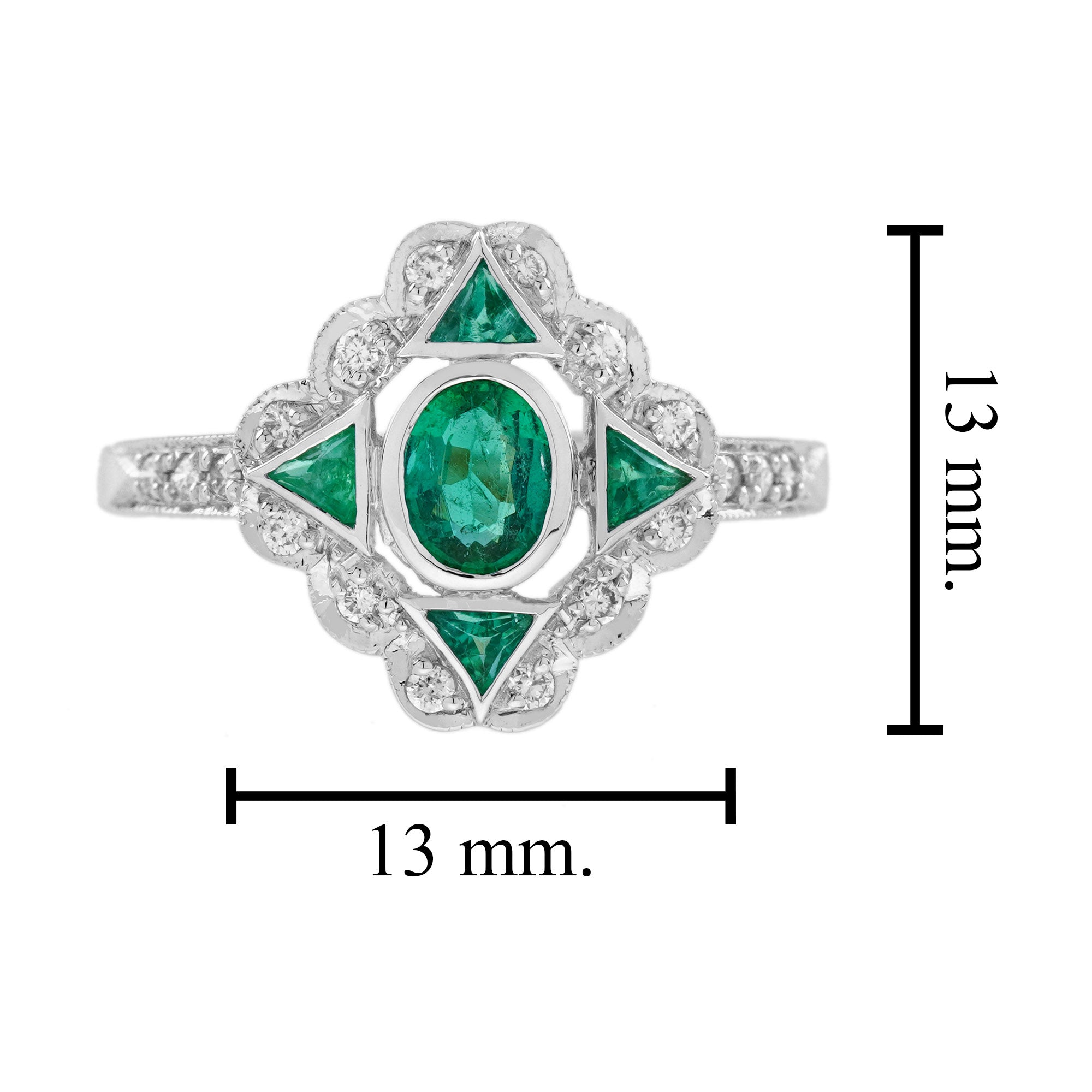 Oval Shape Green Emerald & Diamond Vintage Art Deco Style White Gold Ring