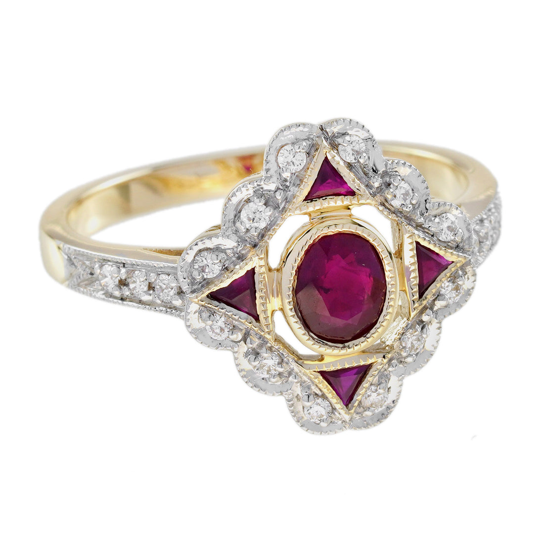Red Pink Ruby & Diamond Art Deco Style 14K Yellow Gold Ring