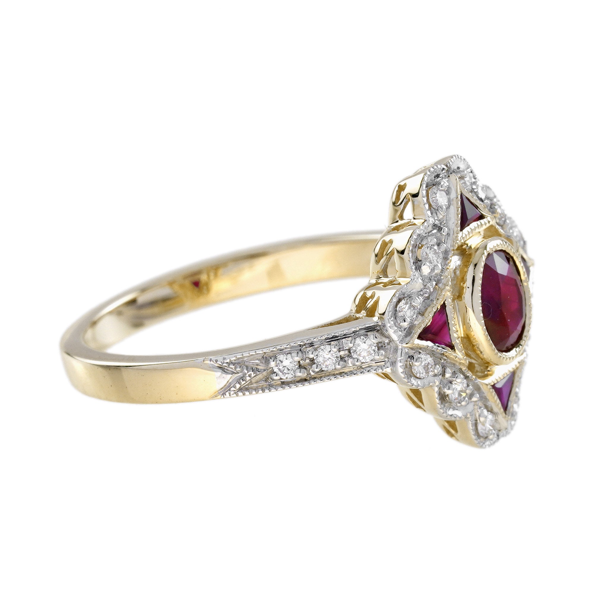 Red Pink Ruby & Diamond Art Deco Style 14K Yellow Gold Ring