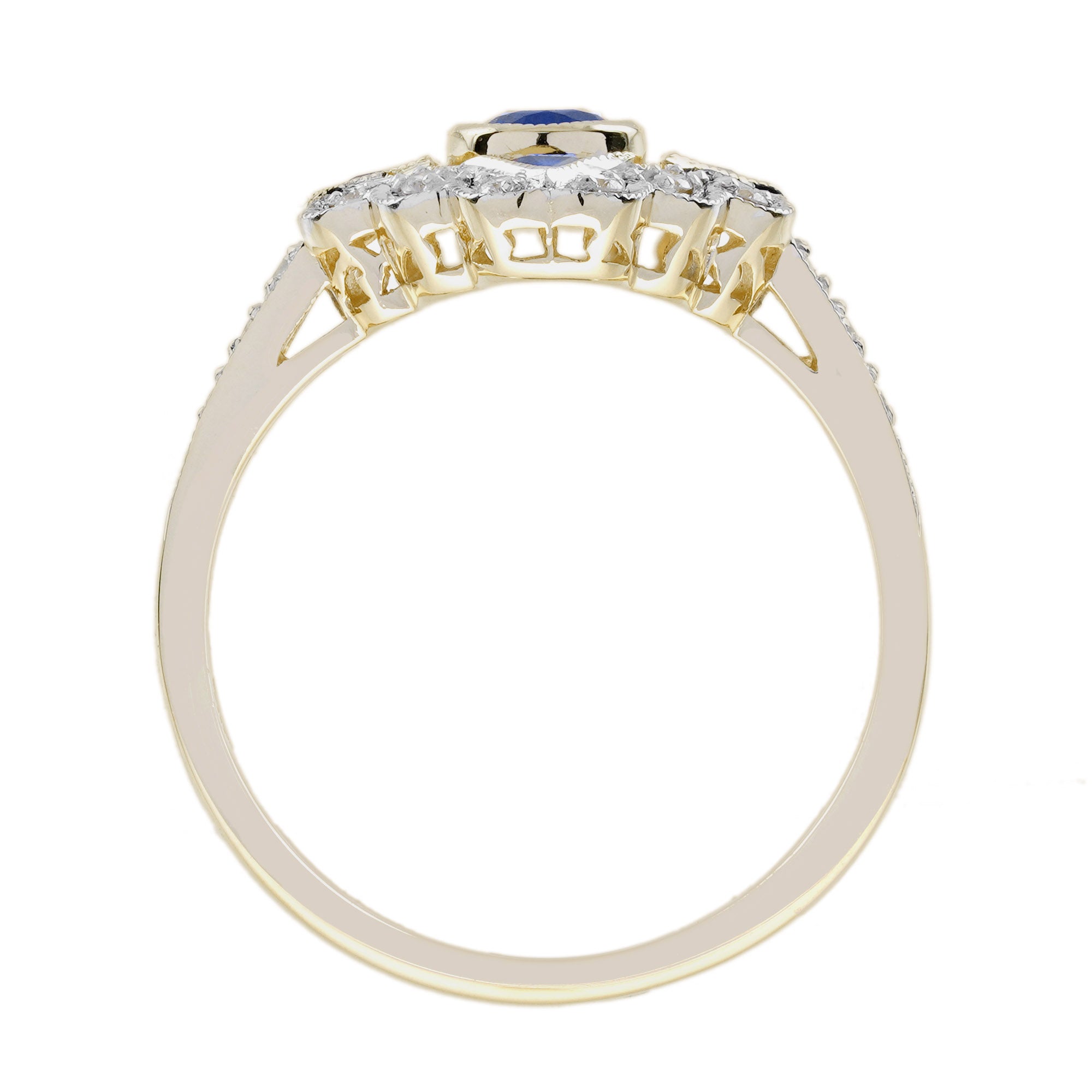 Blue Sapphire & Diamond Vintage Inspired Art Deco Style 14K Yellow Gold Ring