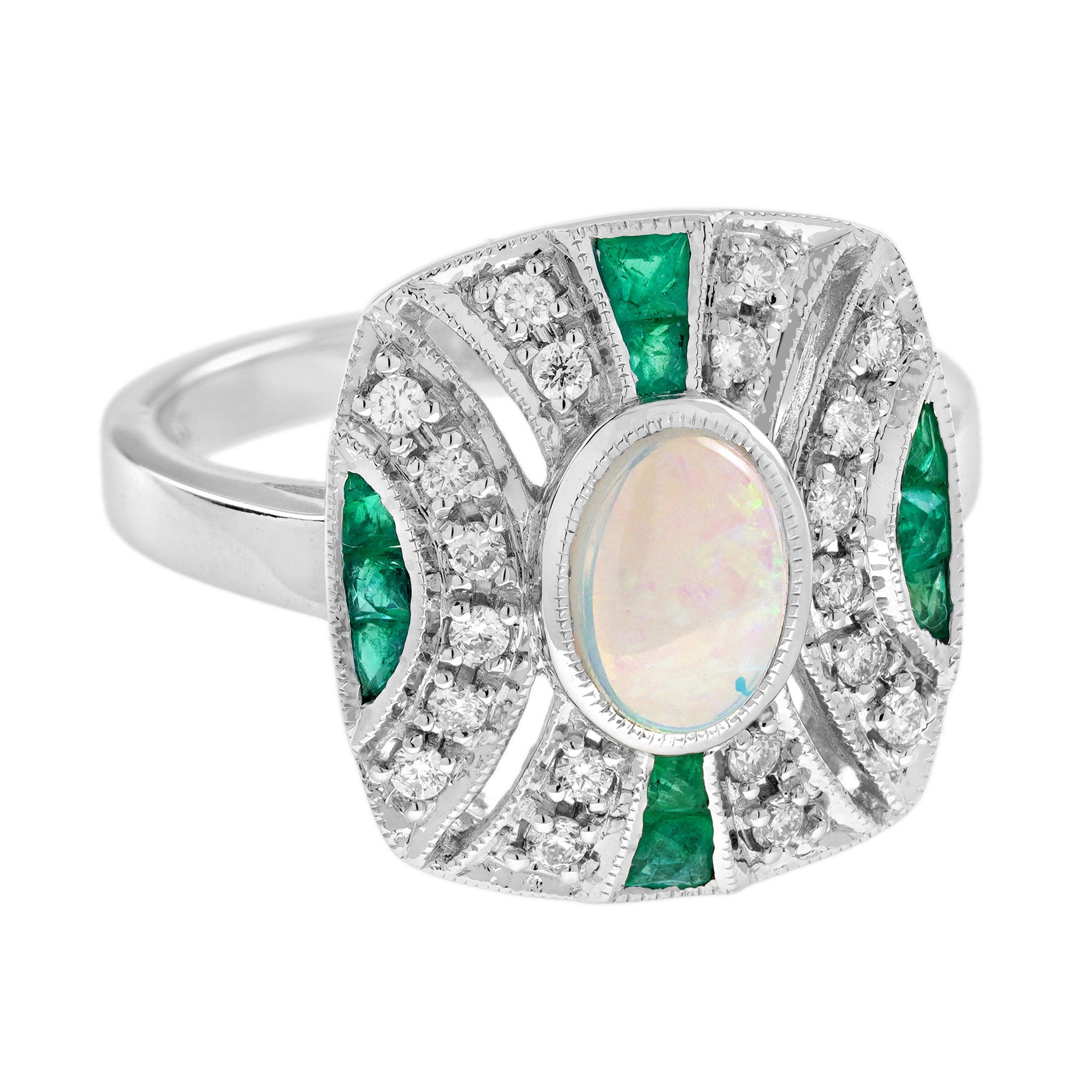 White Ethiopian Opal & Green Emerald Diamond Art Deco Style 14K White Gold Ring