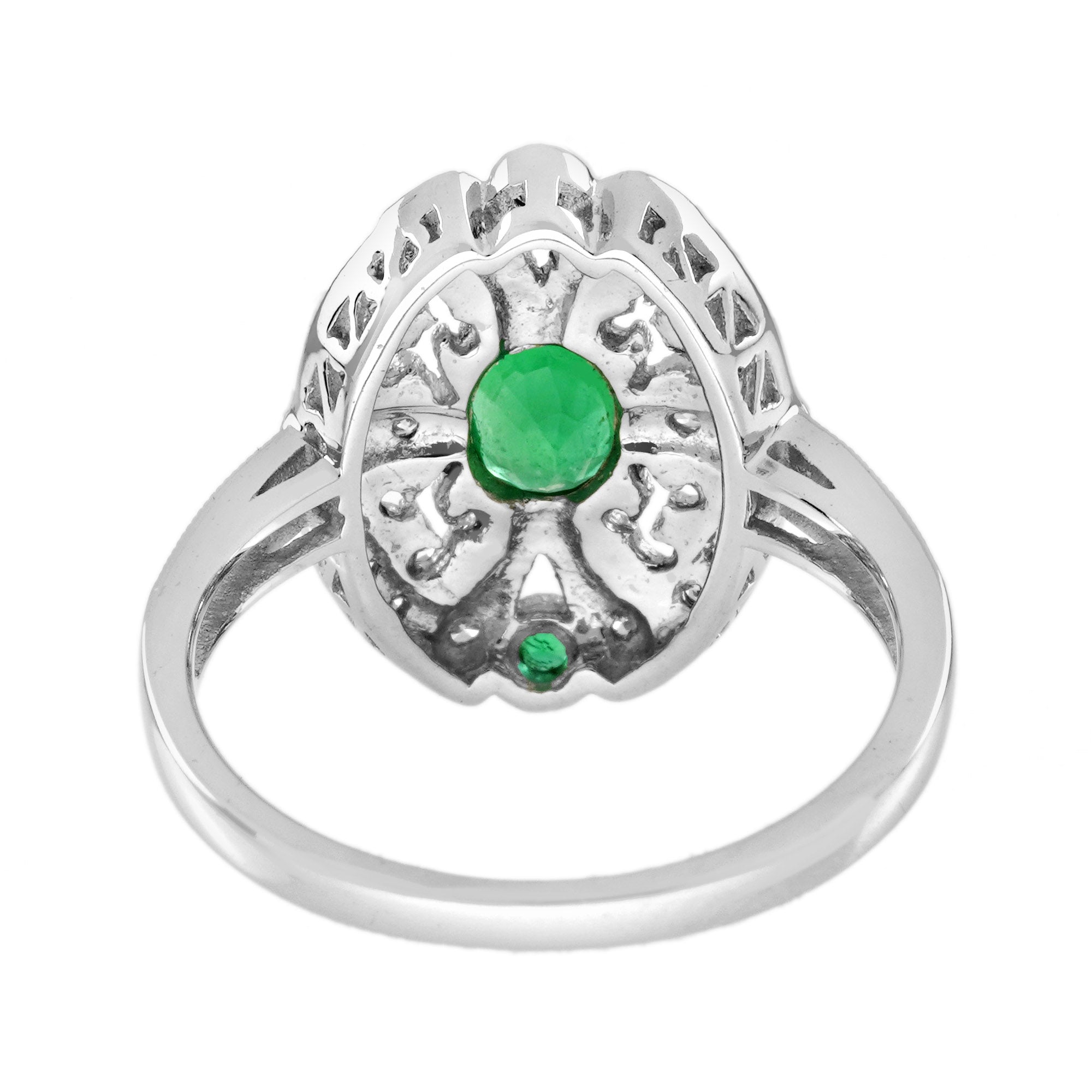 Green Emerald & Diamond Antique Style Halo Shield White Gold Ring