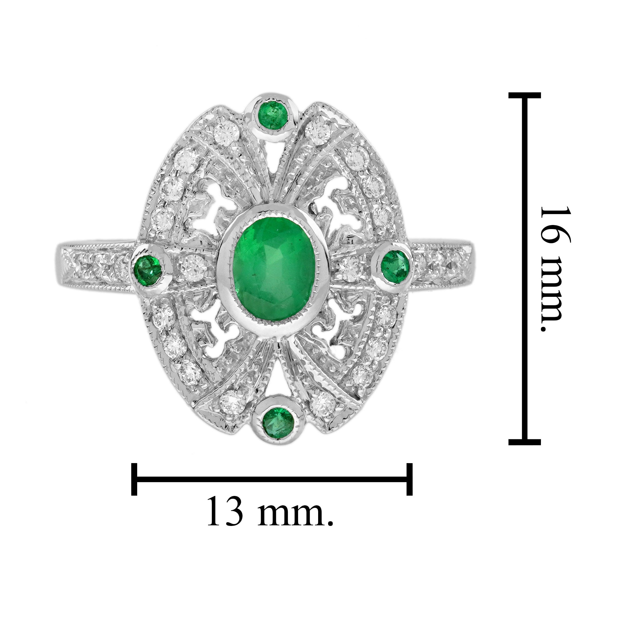 Green Emerald & Diamond Antique Style Halo Shield White Gold Ring