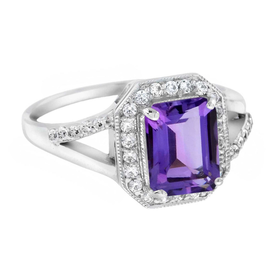 Split Shank Emerald Cut Purple Violet Amethyst & Diamond 14K White Gold Ring