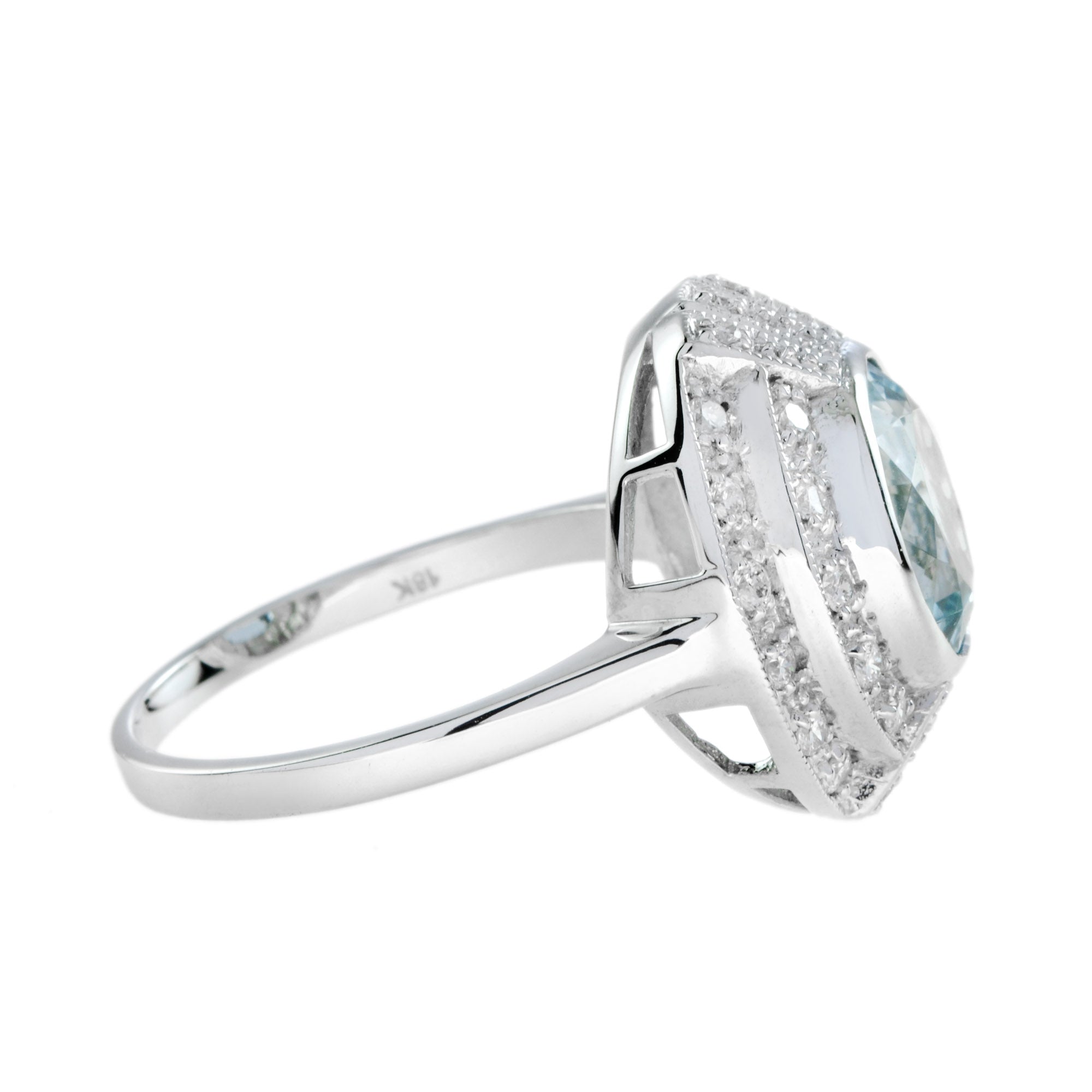 Round Blue Aquamarine & Diamond Cocktail 18K White Gold Ring