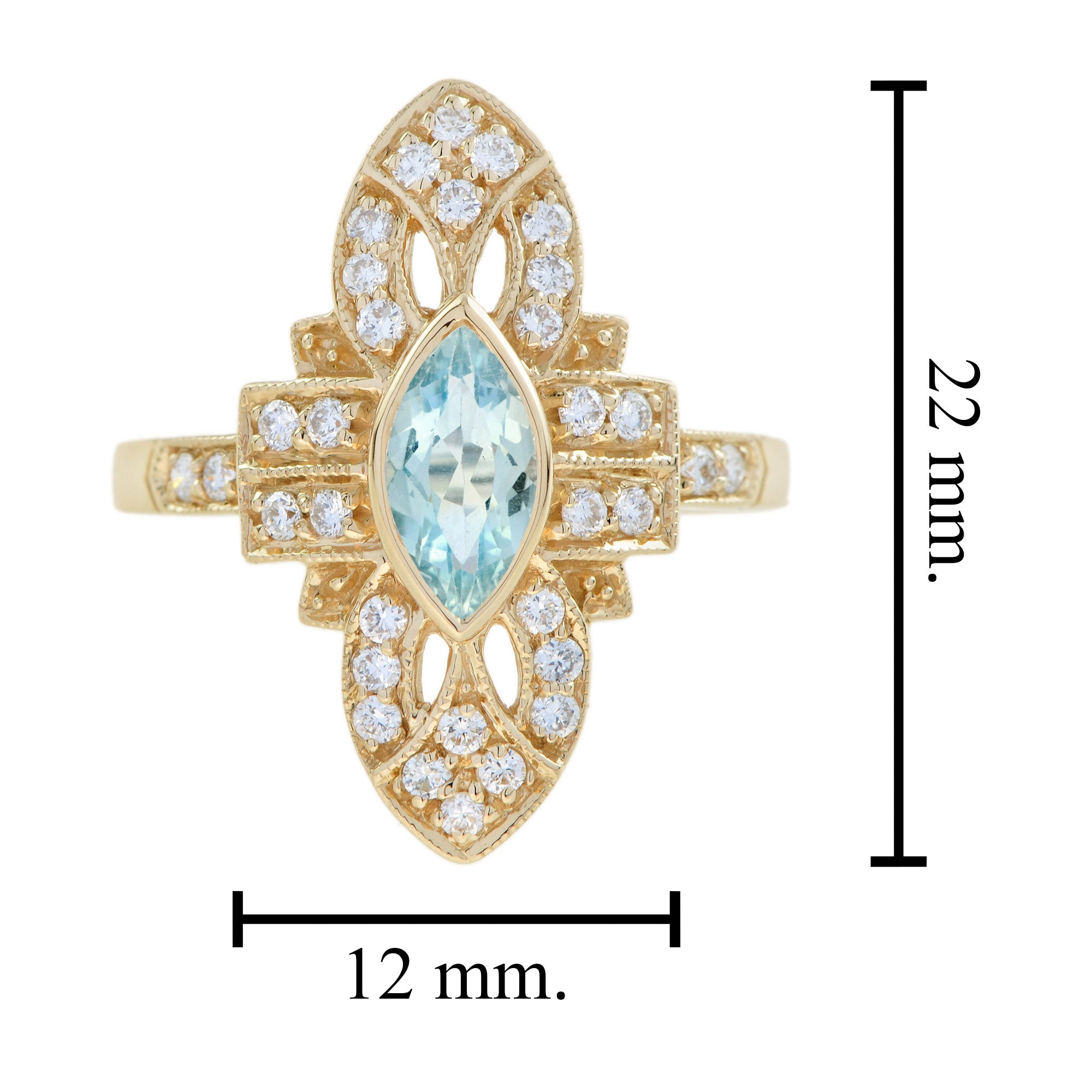 Blue Aquamarine & Diamond Art Deco Style Marquise Shape 14K Yellow Gold Ring