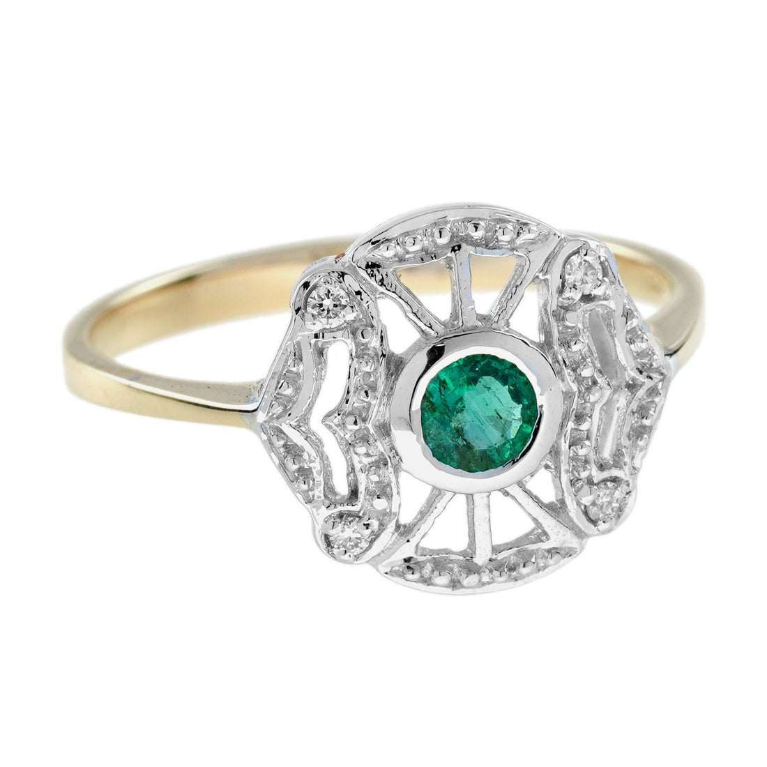 Round Green Emerald & Diamond Art Deco Style Two Tone Gold Ring