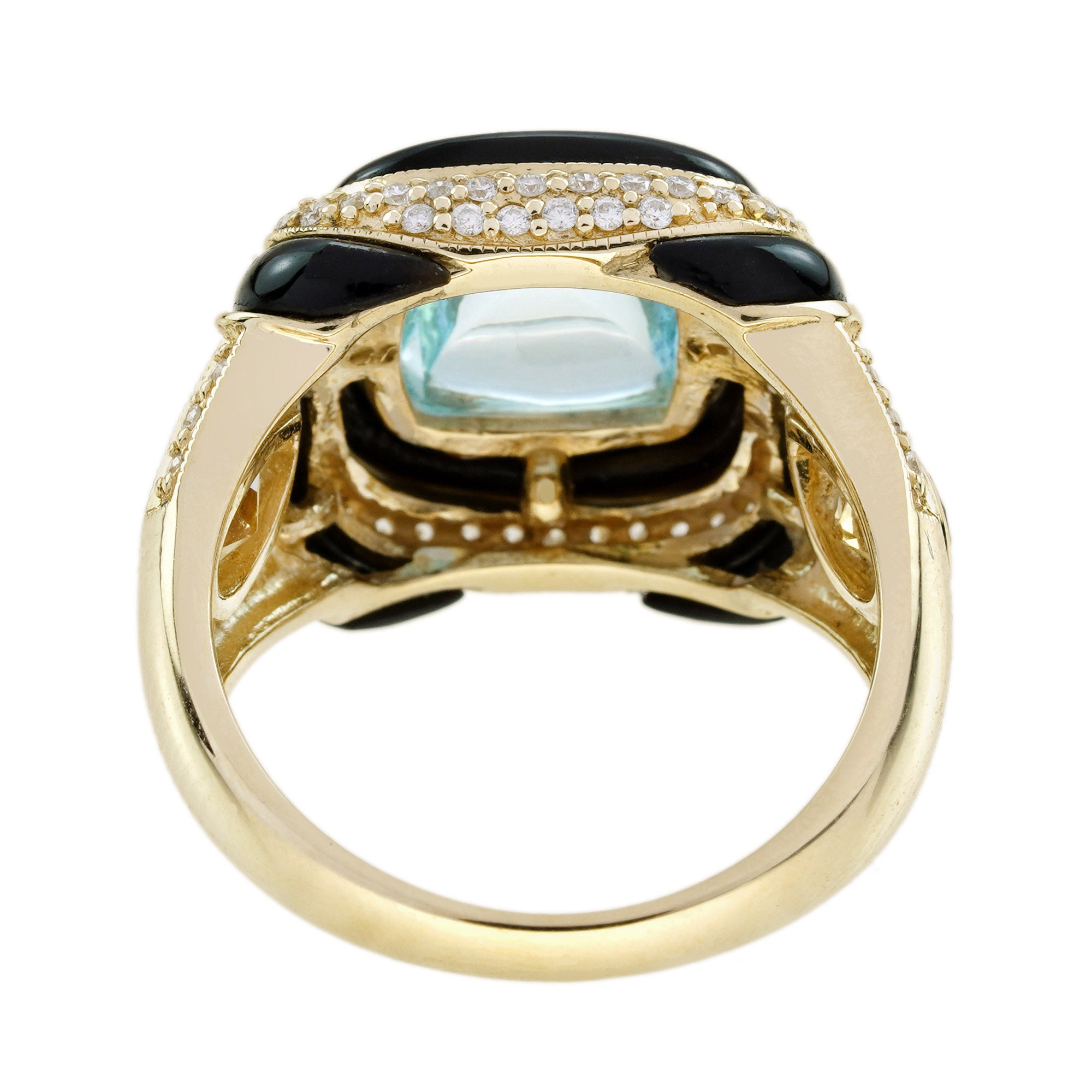 Blue Topaz & Citrine Diamond and Onyx Antique Style Cocktail Yellow Gold Ring