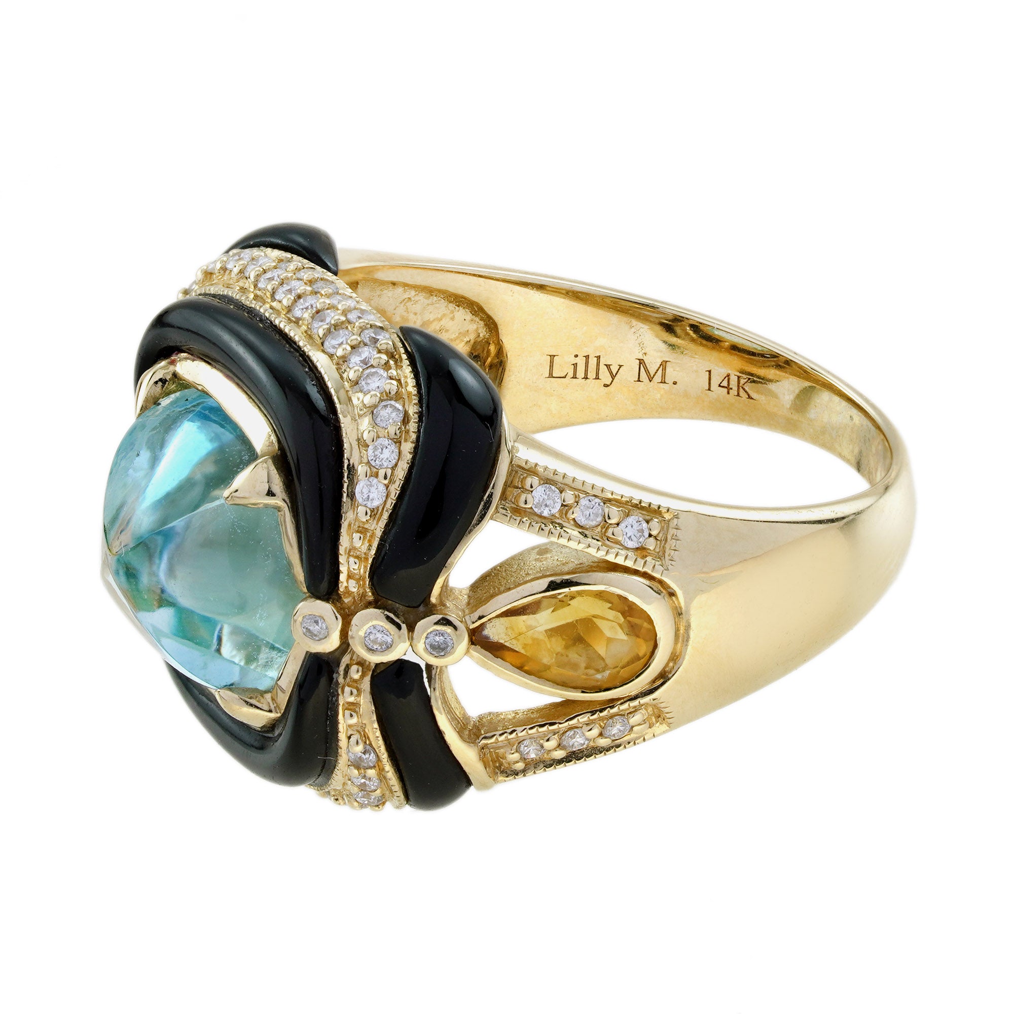 Blue Topaz & Citrine Diamond and Onyx Antique Style Cocktail Yellow Gold Ring