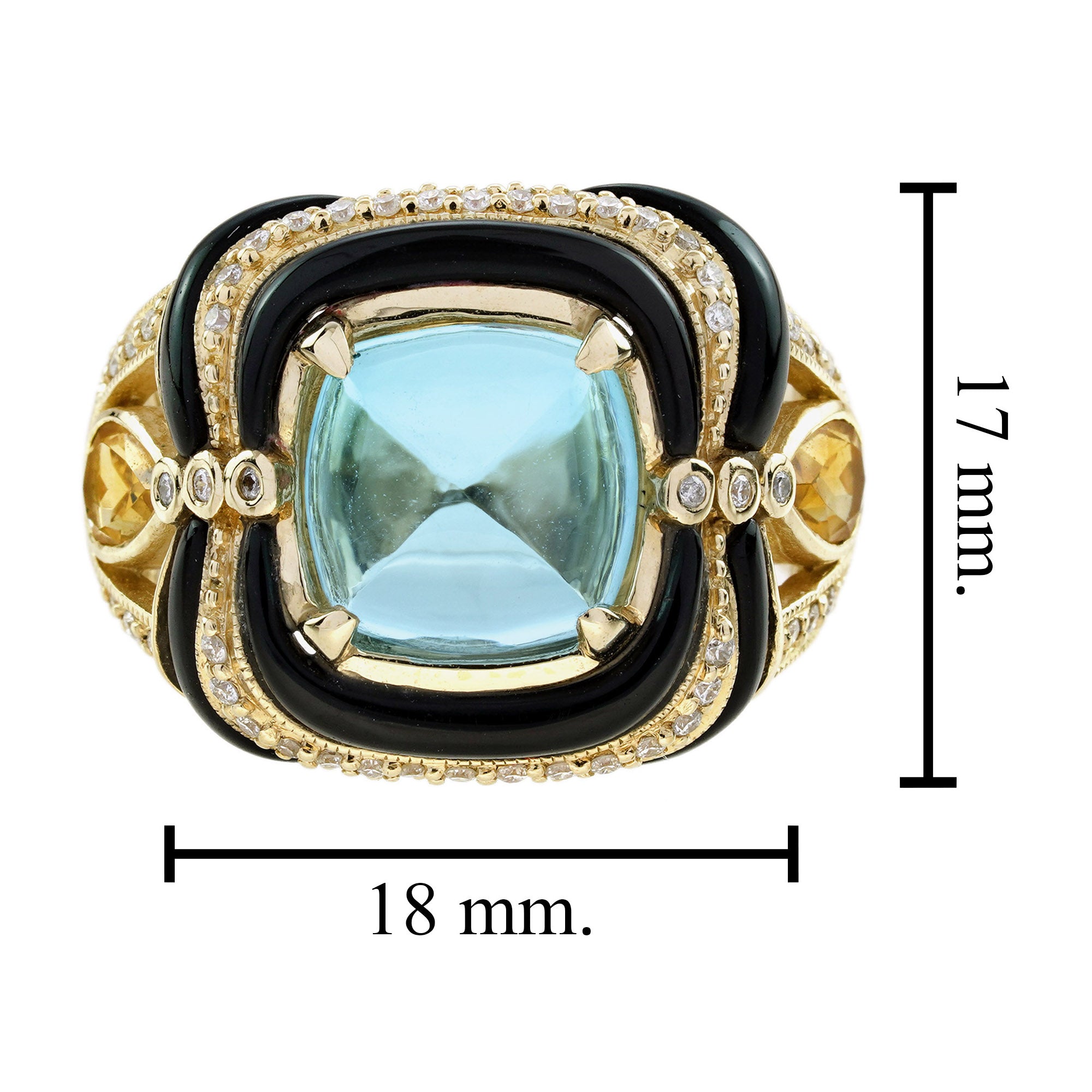 Blue Topaz & Citrine Diamond and Onyx Antique Style Cocktail Yellow Gold Ring