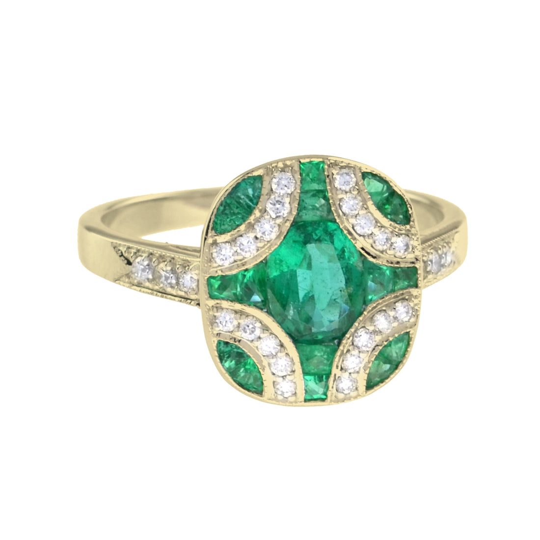 Art Deco Style Oval Cut Green Emerald & Diamond Vintage Inspired White Gold Ring