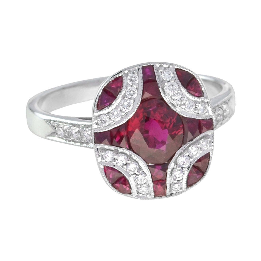 Art Deco Style Red Pink Oval Ruby & Diamond Mosaic Special Unique Cut Ring