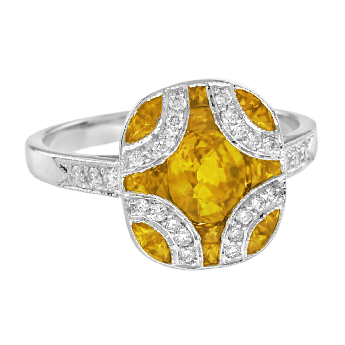 Yellow Sapphire & Diamond Vintage Inspired Art Deco Style White Gold Ring