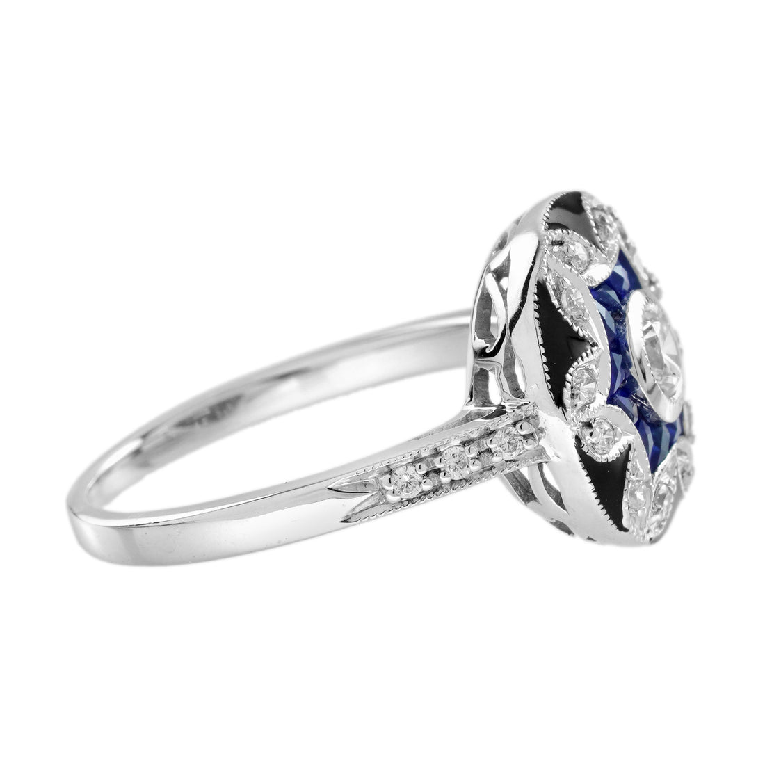 Diamond & Blue Sapphire Vintage Inspired Floral Flower Enamel Halo Gold Ring