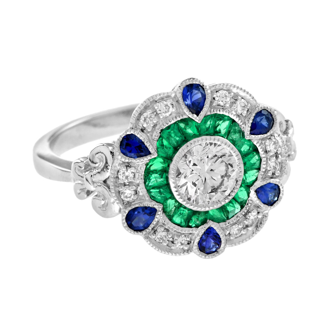 Diamond & Emerald Blue Sapphire Art Deco Style Floral Halo White Gold Ring