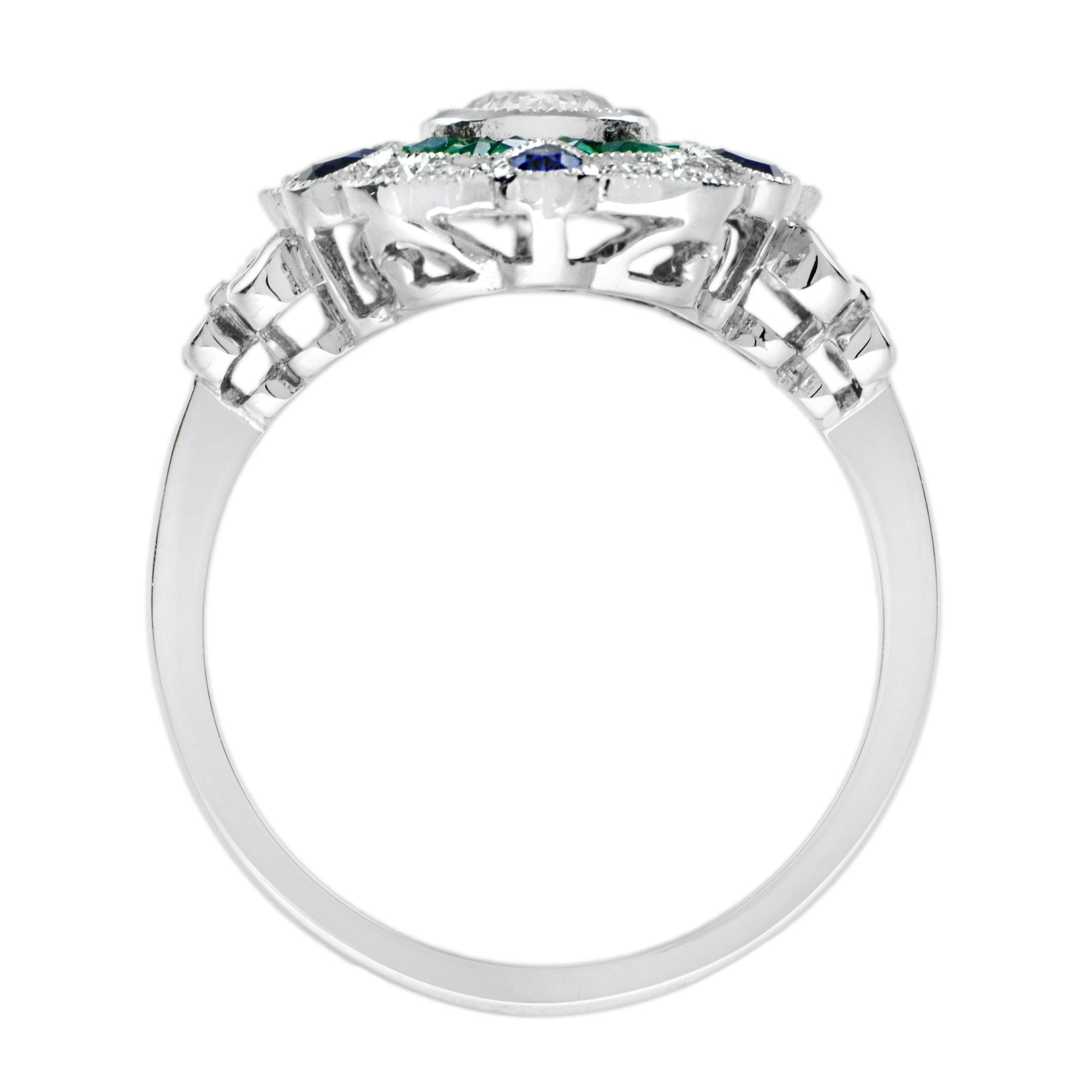 Diamond & Emerald Blue Sapphire Art Deco Style Floral Halo White Gold Ring