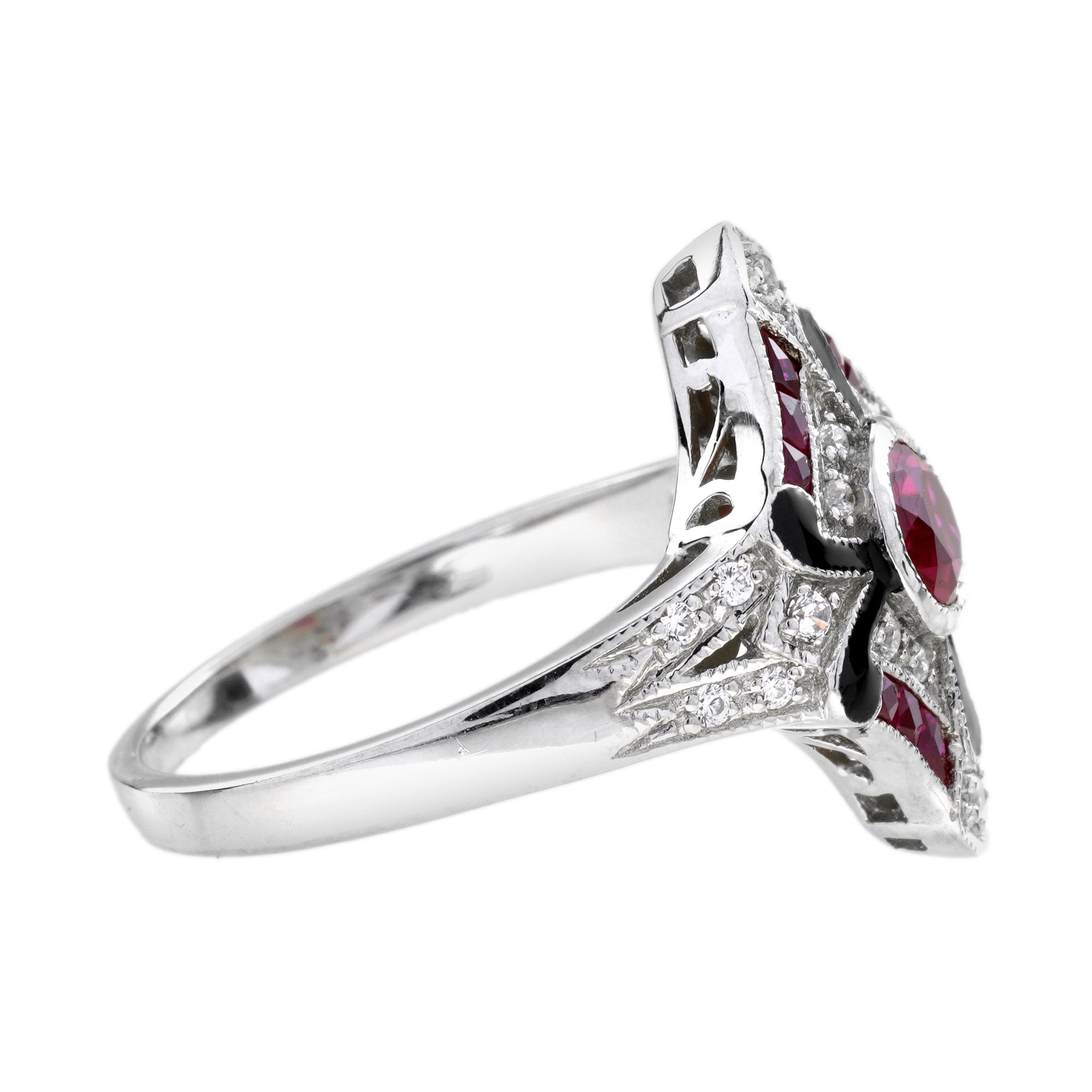 Diamond & Ruby Enamel Art Deco Style White Gold Ring