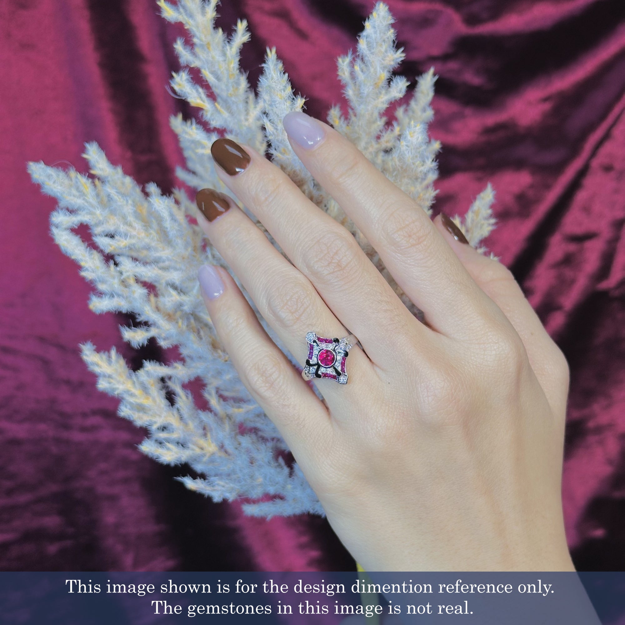 Diamond & Ruby Enamel Art Deco Style White Gold Ring