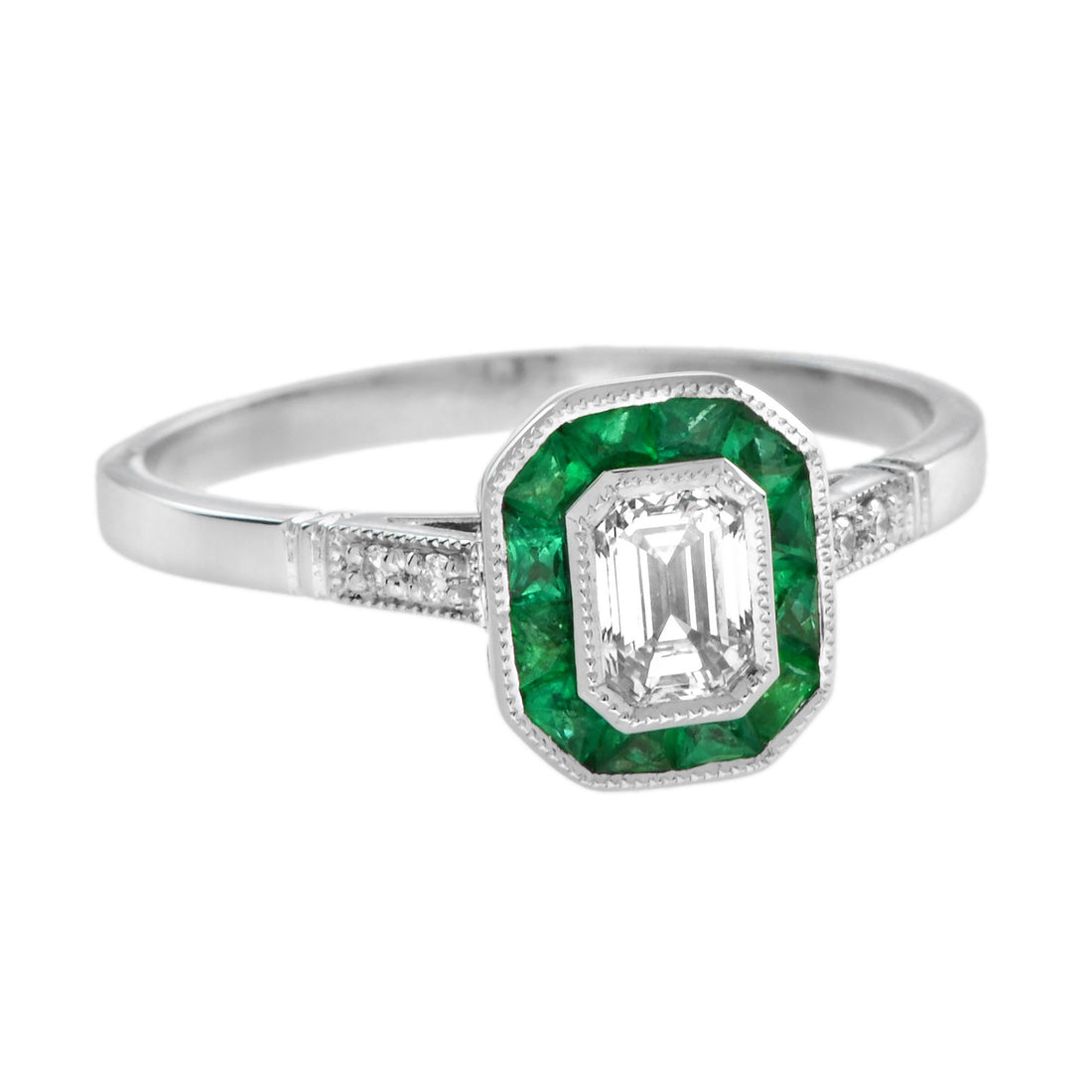 Emerald Cut Diamond & Emerald Art Deco Style Engagement 14K White Gold Ring