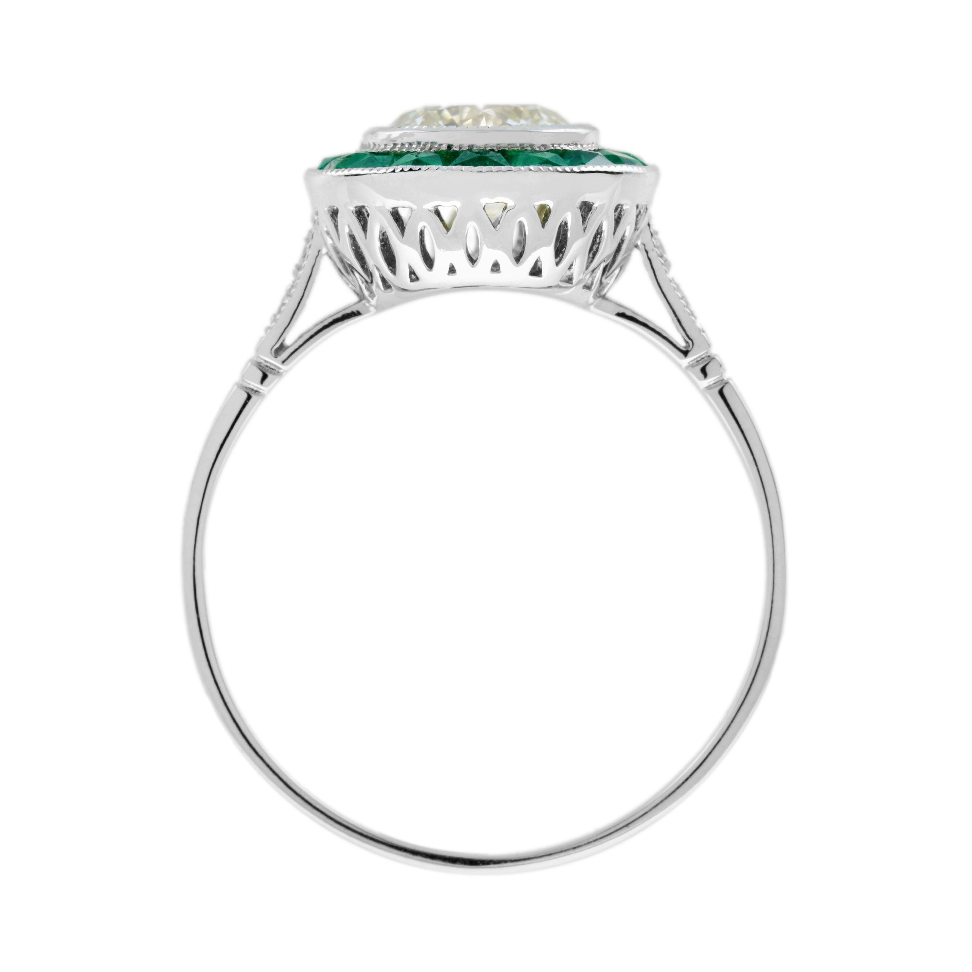 Certified Diamond & Green Emerald Fancy Art Deco Style Halo Set Platinum Ring