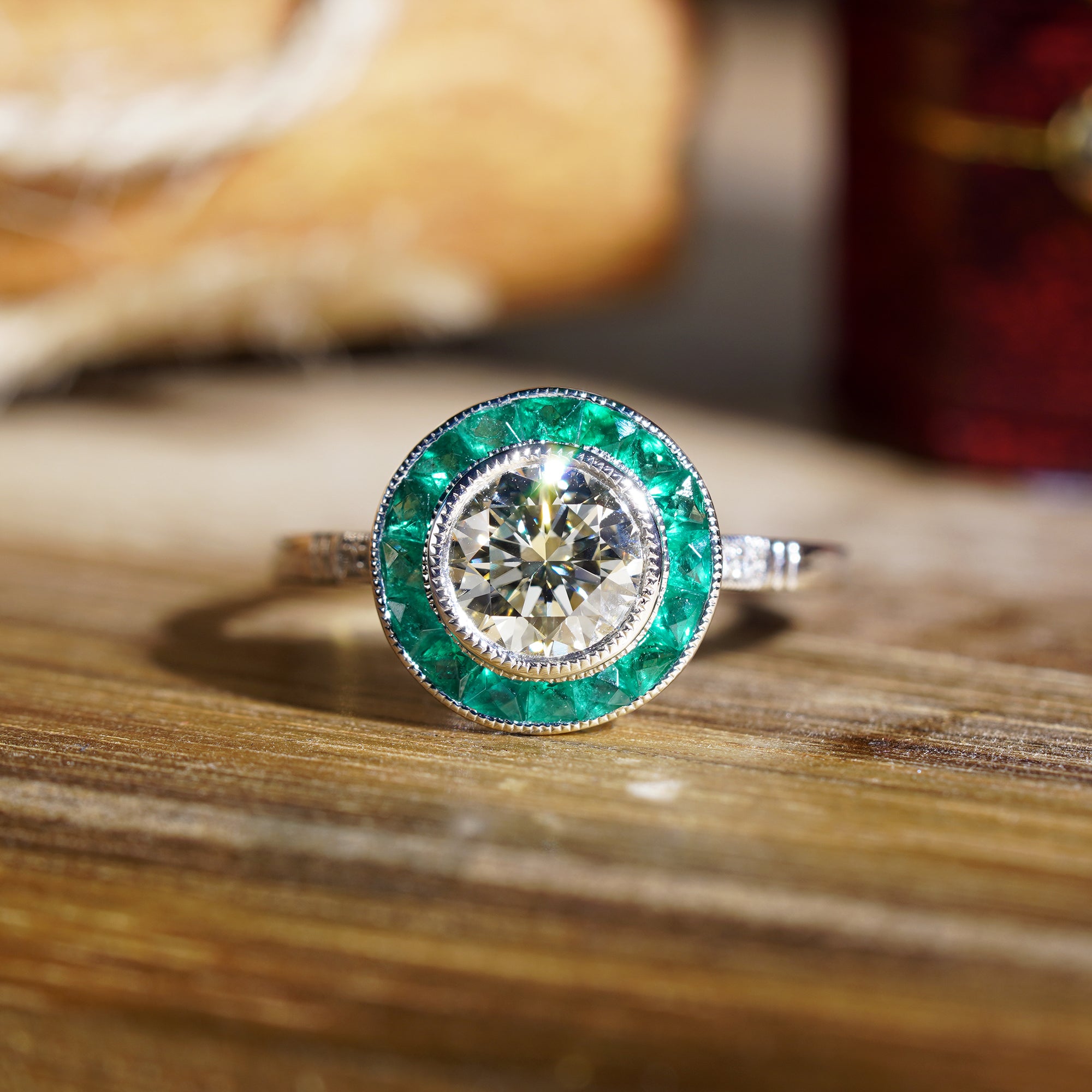 Certified Diamond & Green Emerald Fancy Art Deco Style Halo Set Platinum Ring