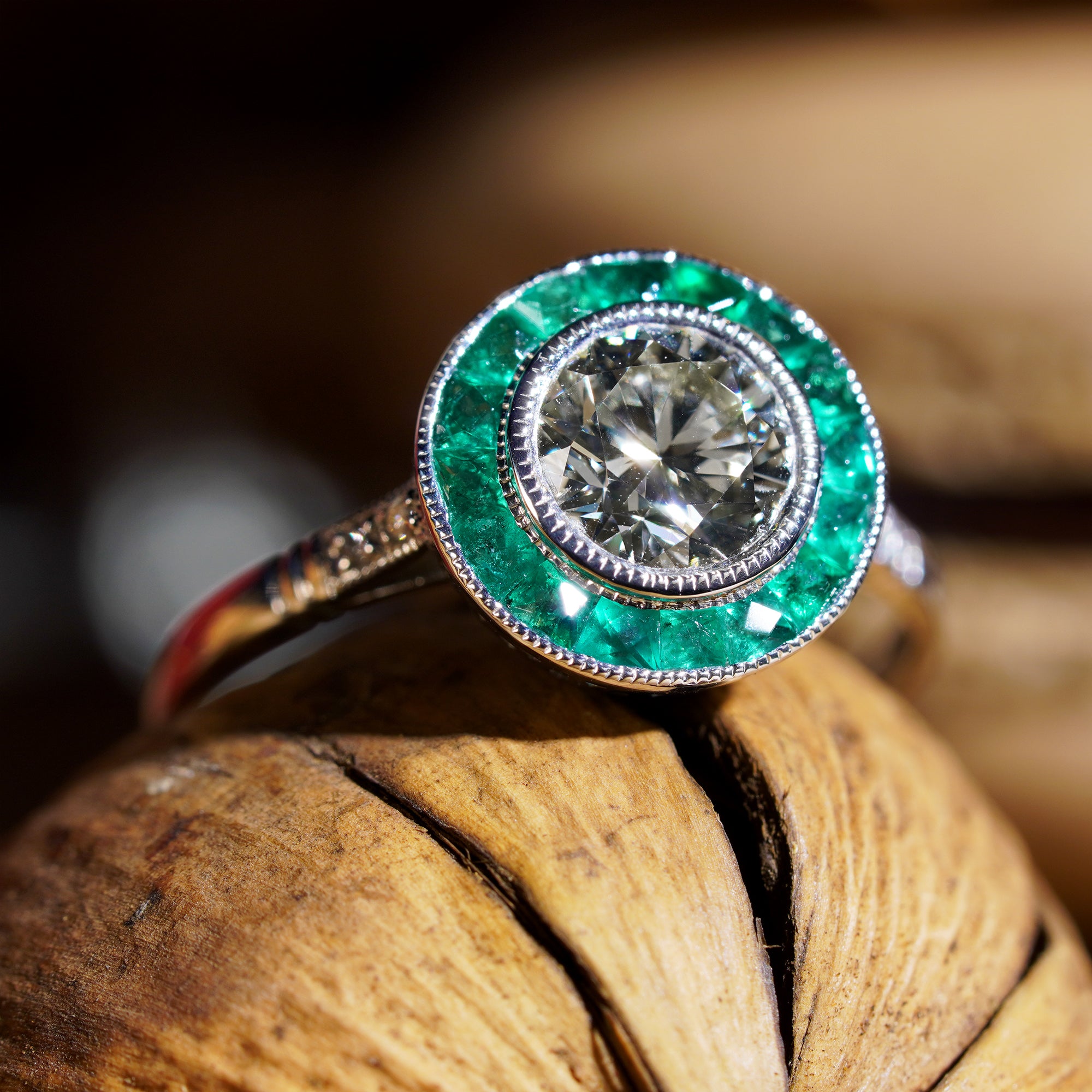 Certified Diamond & Green Emerald Fancy Art Deco Style Halo Set Platinum Ring
