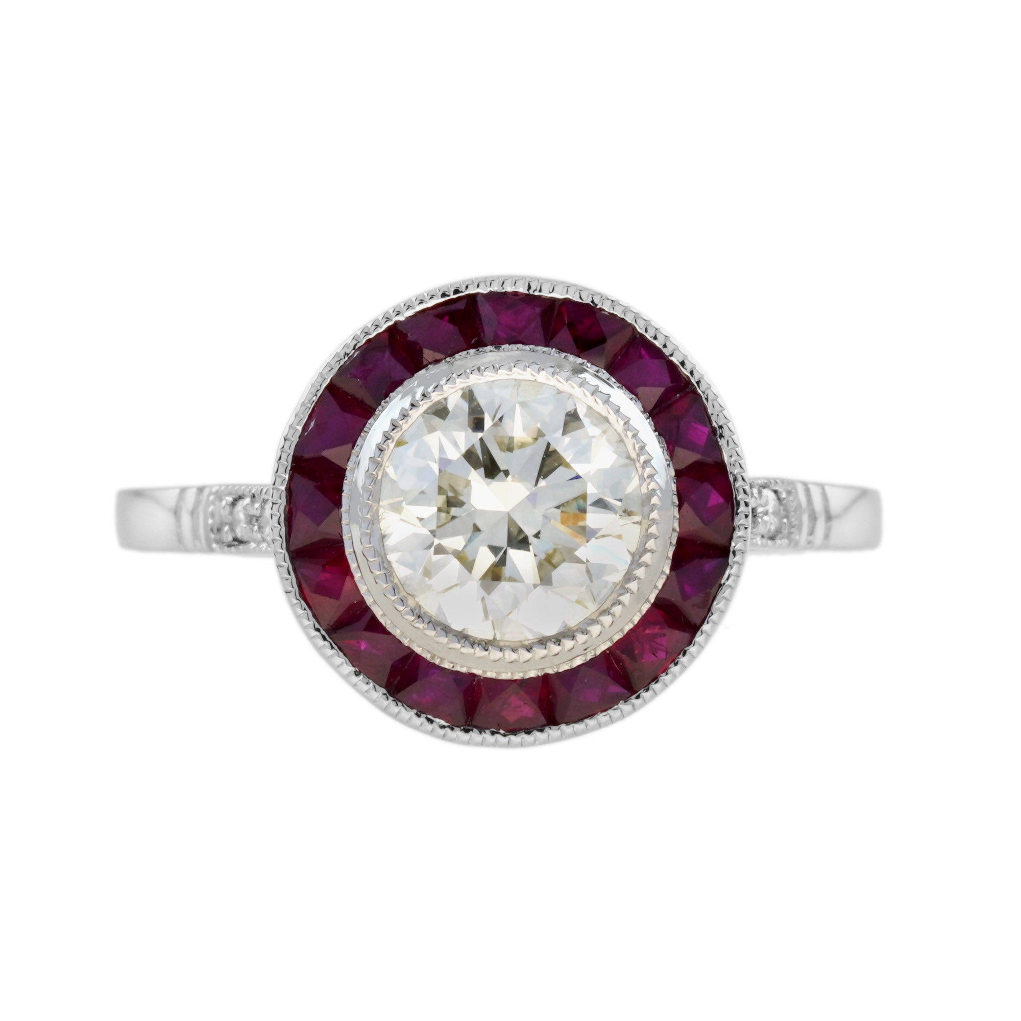 Certified Round Diamond & Red Pink Ruby Halo Set Art Deco Style Platinum Ring