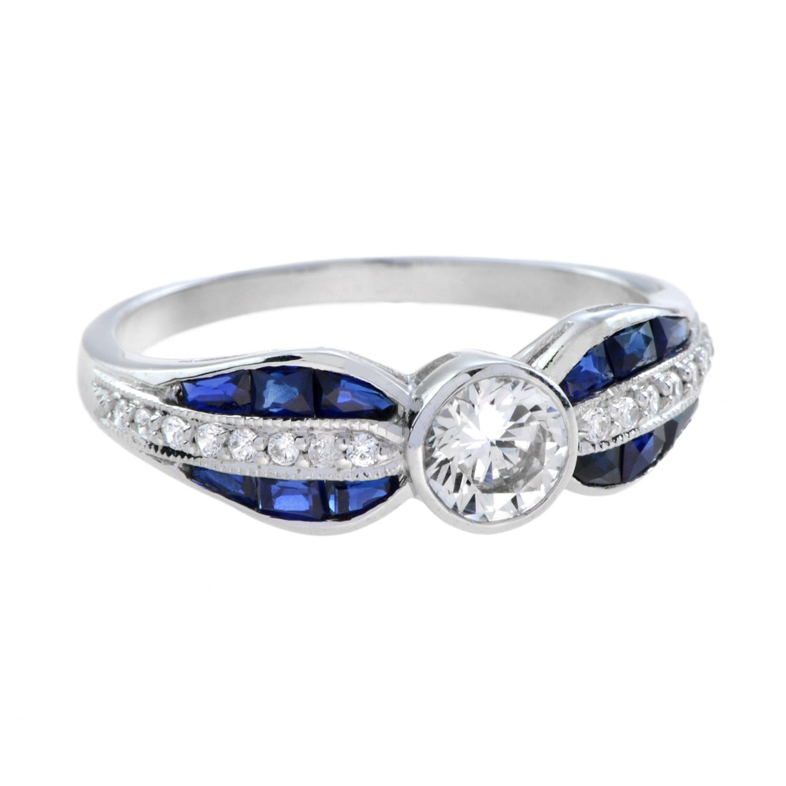 Diamond & Blue Sapphire Art Deco Style 18K White Gold Vintage Style Ring