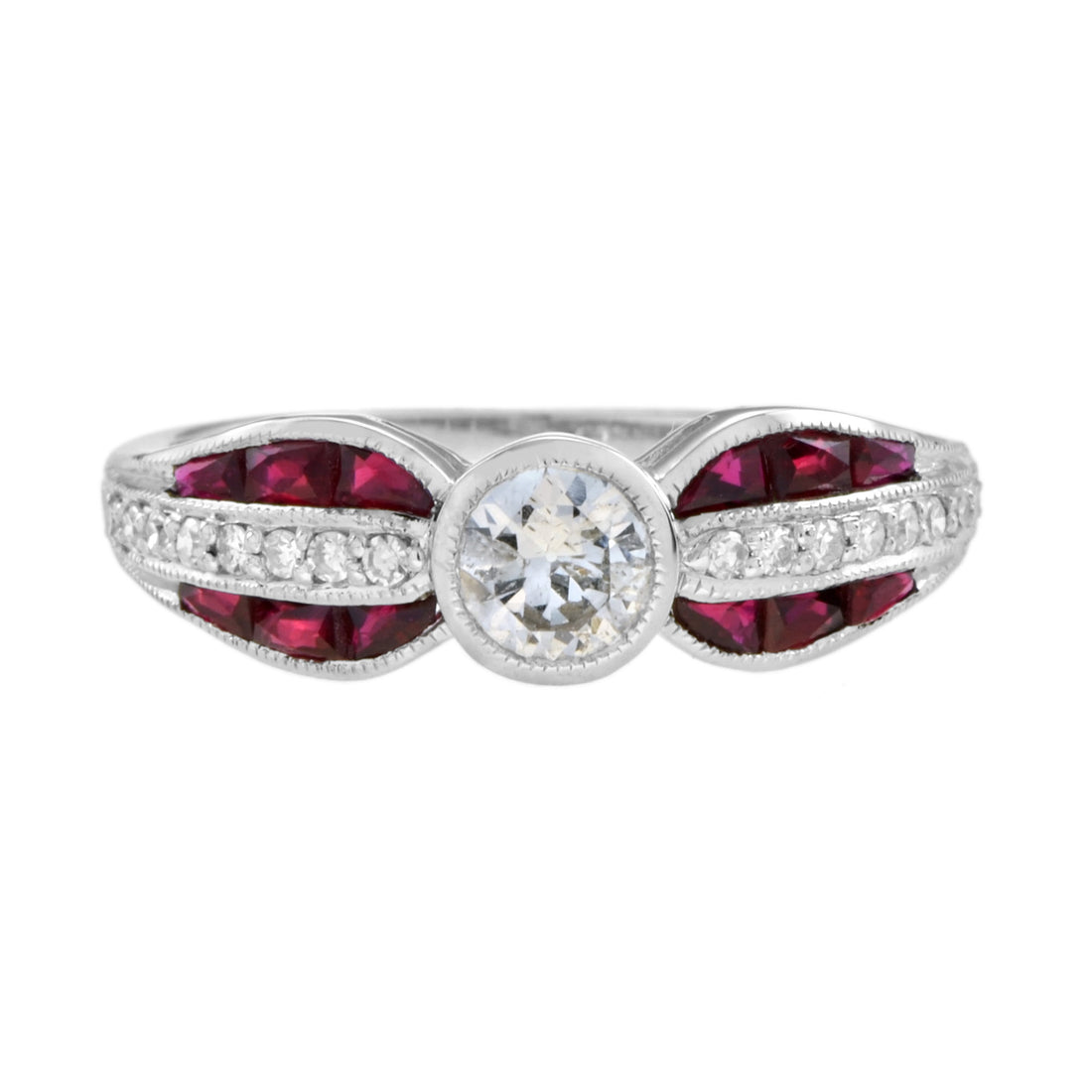 Diamond & Red Ruby Art Deco Inspired Style Solitaire Engagement White Gold Ring