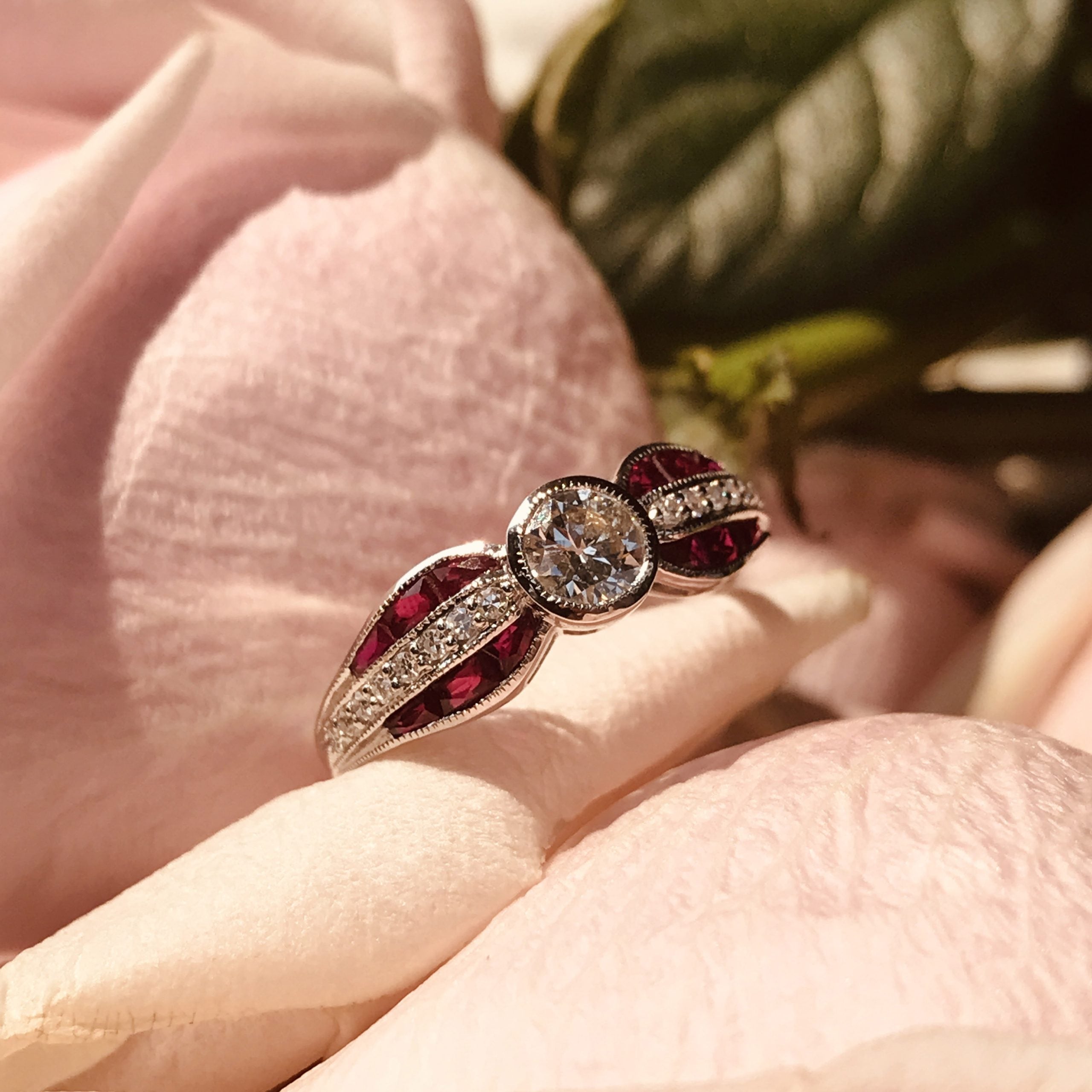 Diamond & Red Ruby Art Deco Inspired Style Solitaire Engagement White Gold Ring