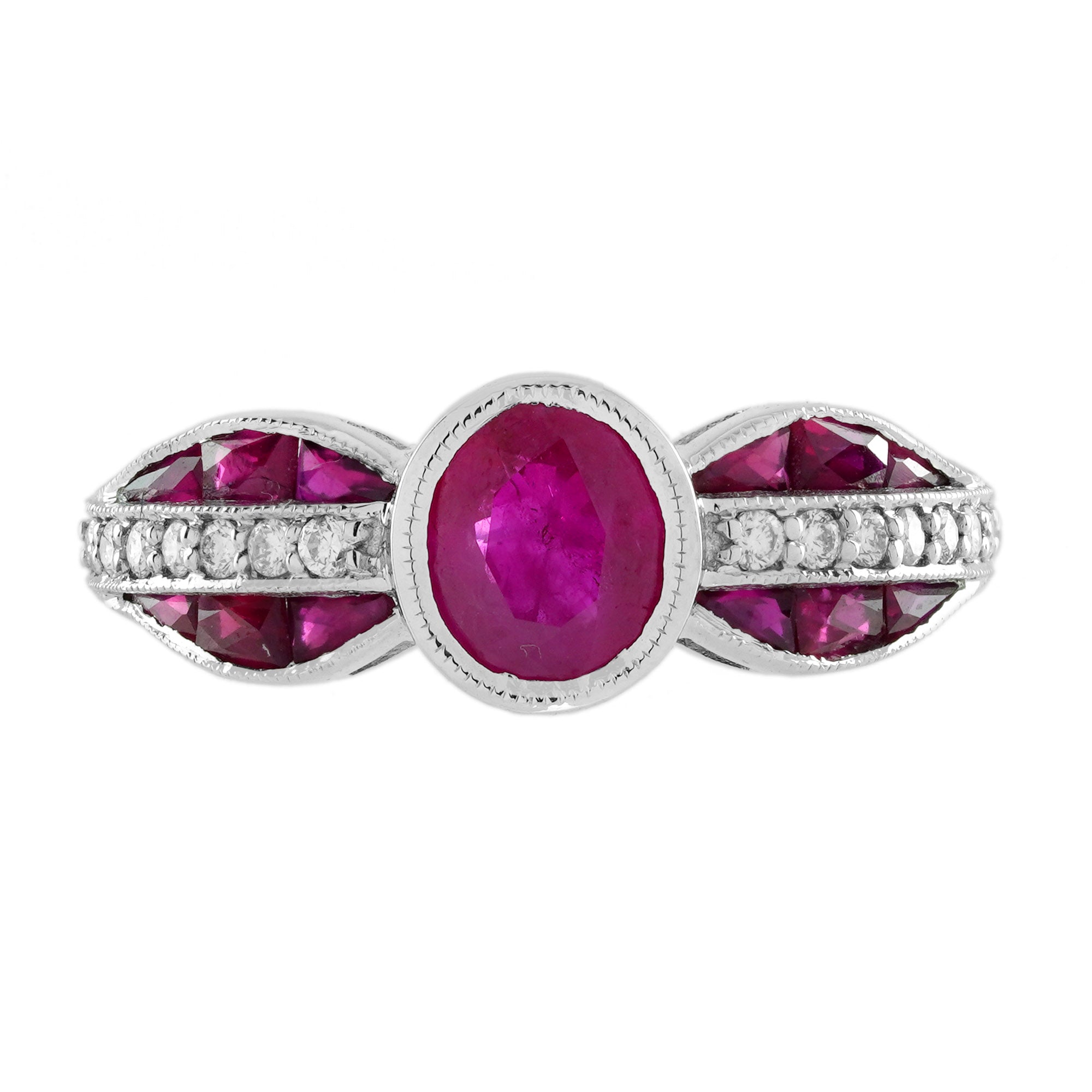 Ruby & Diamond Art Deco Style 14K White Gold Statement Ring