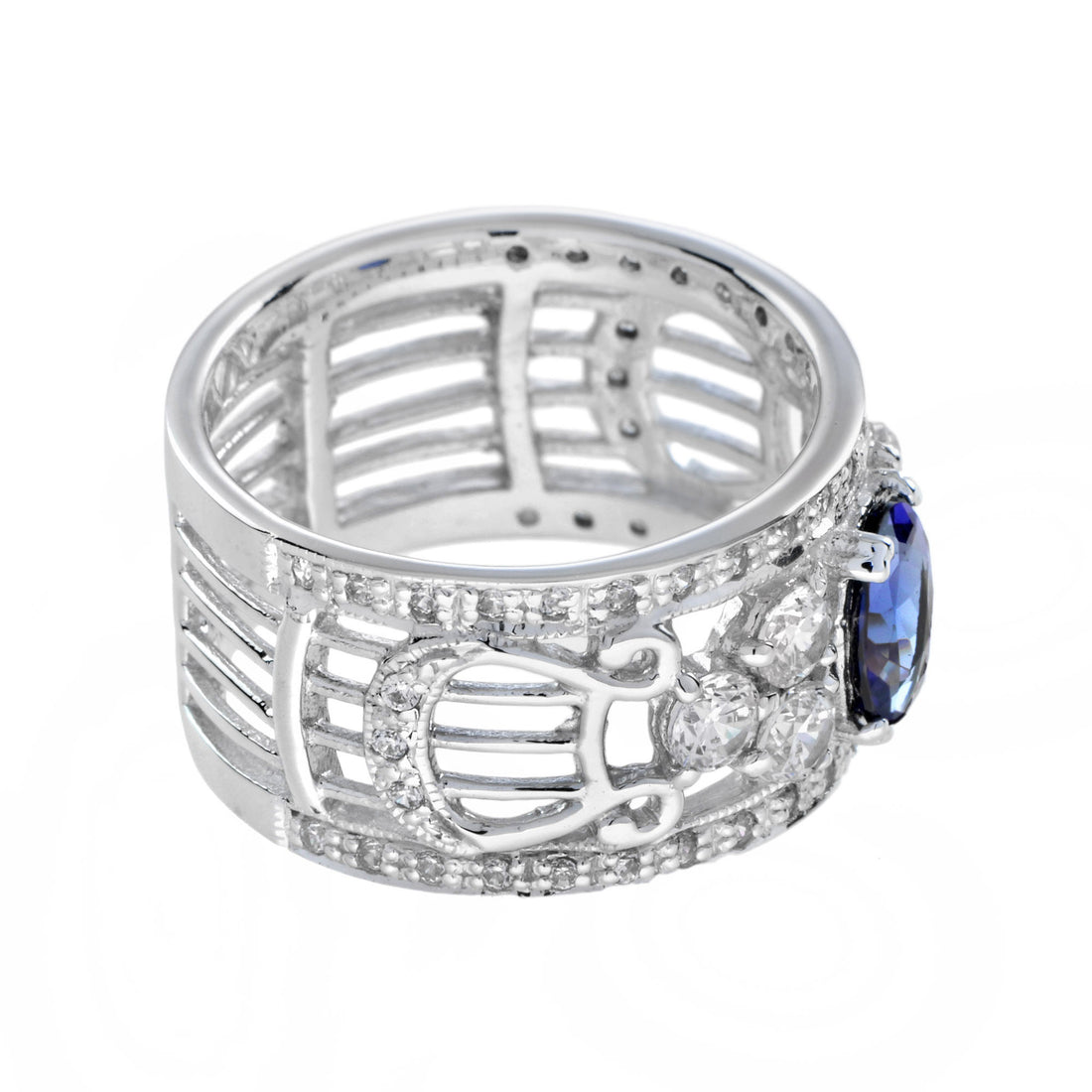 Oval Blue Tanzanite & Diamond Vintage Style Edwardian Wide Band Ring