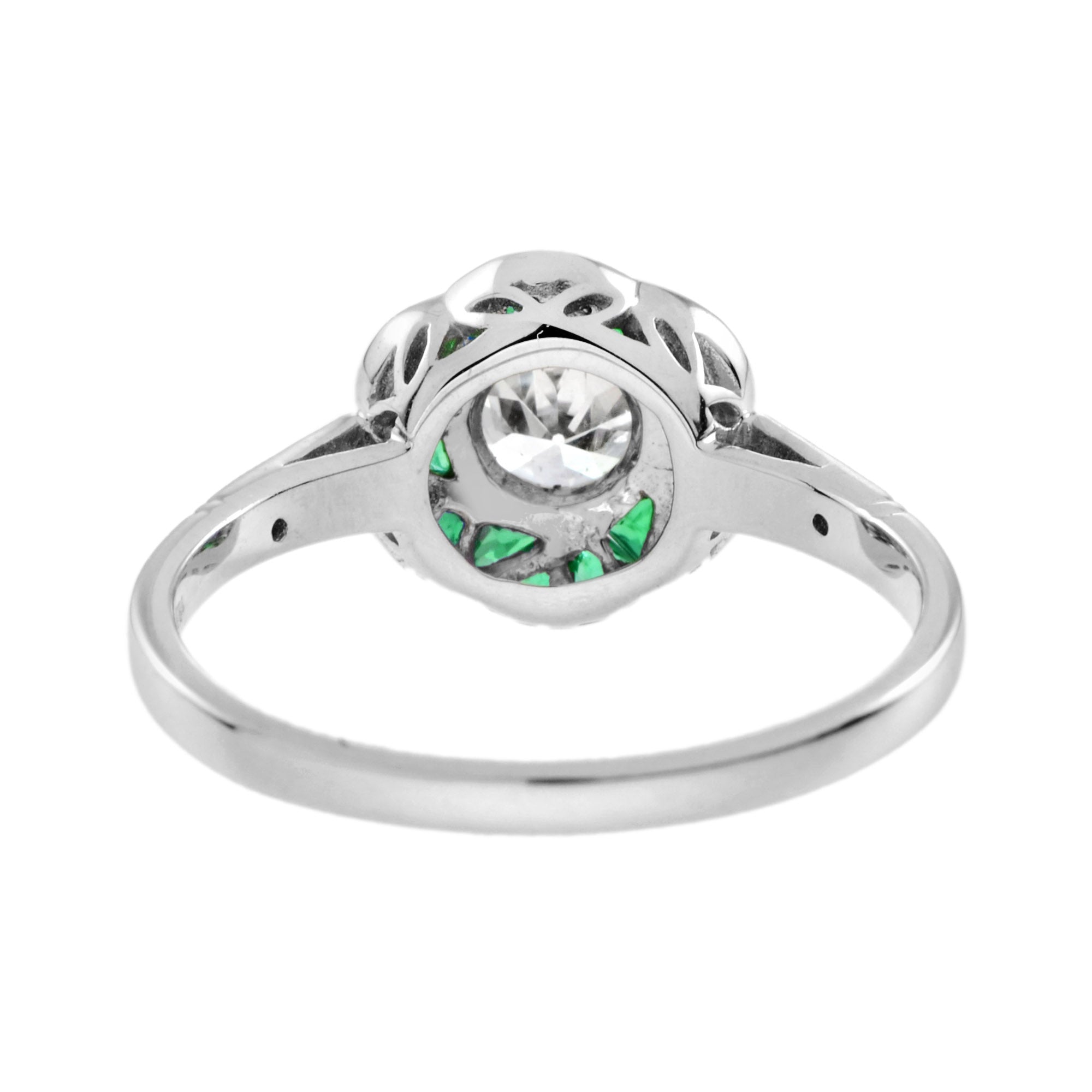 Diamond & Green Emerald Art Deco Style Rose Floral Flower 14K White Gold Ring