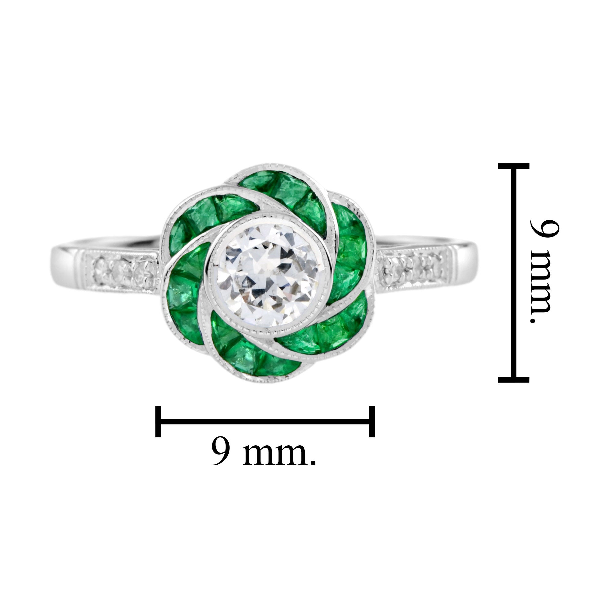 Diamond & Green Emerald Art Deco Style Rose Floral Flower 14K White Gold Ring