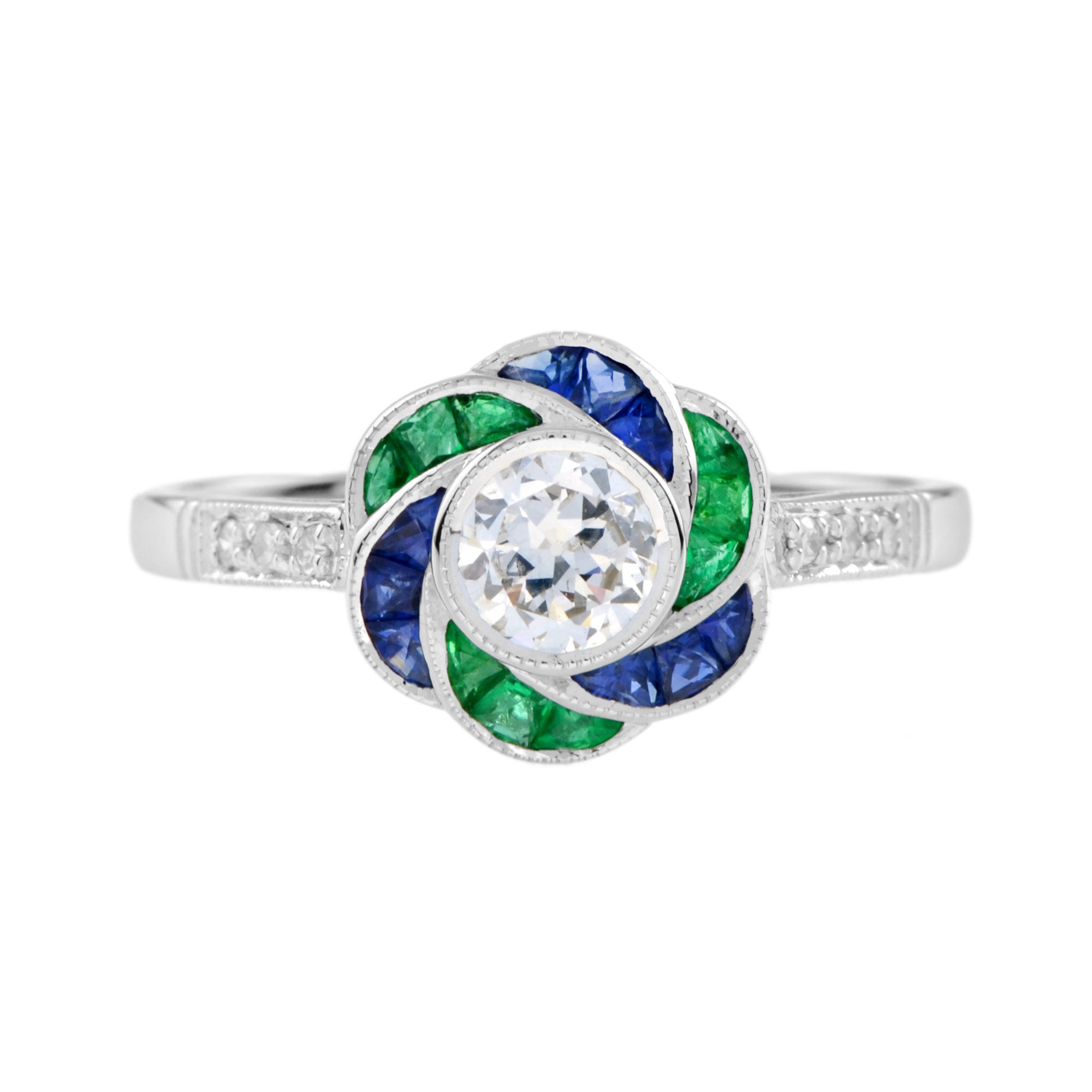 Diamond & Emerald Sapphire Fancy Cut Halo Art Deco Style Rose Flower Ring