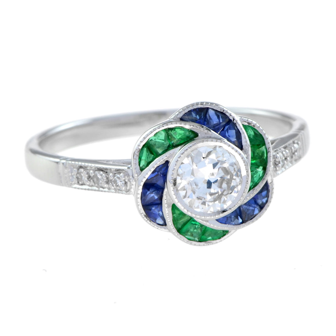Diamond & Emerald Sapphire Fancy Cut Halo Art Deco Style Rose Flower Ring