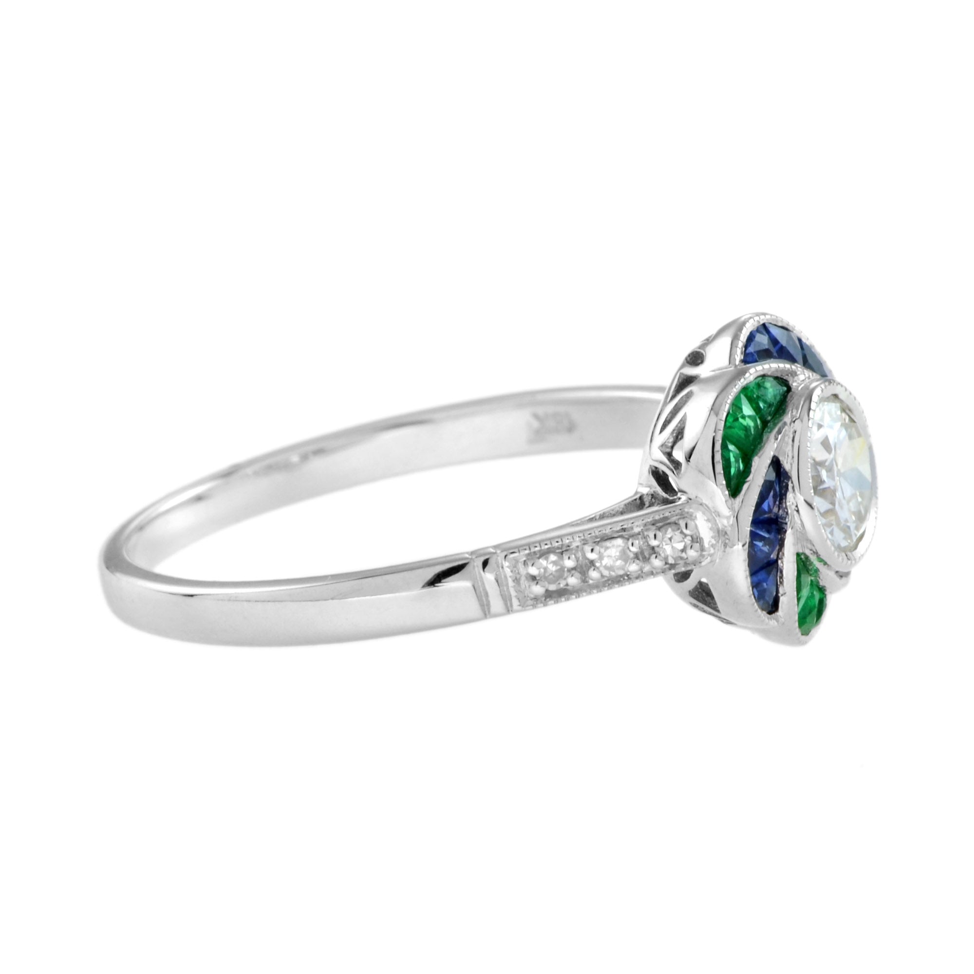Diamond & Emerald Sapphire Fancy Cut Halo Art Deco Style Rose Flower Ring