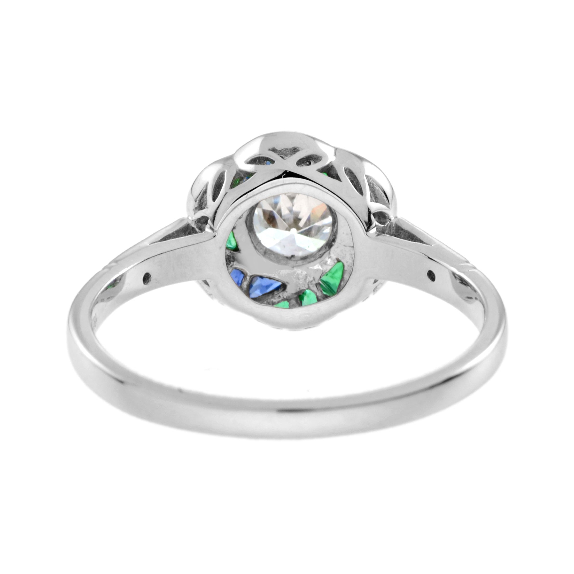 Diamond & Emerald Sapphire Fancy Cut Halo Art Deco Style Rose Flower Ring