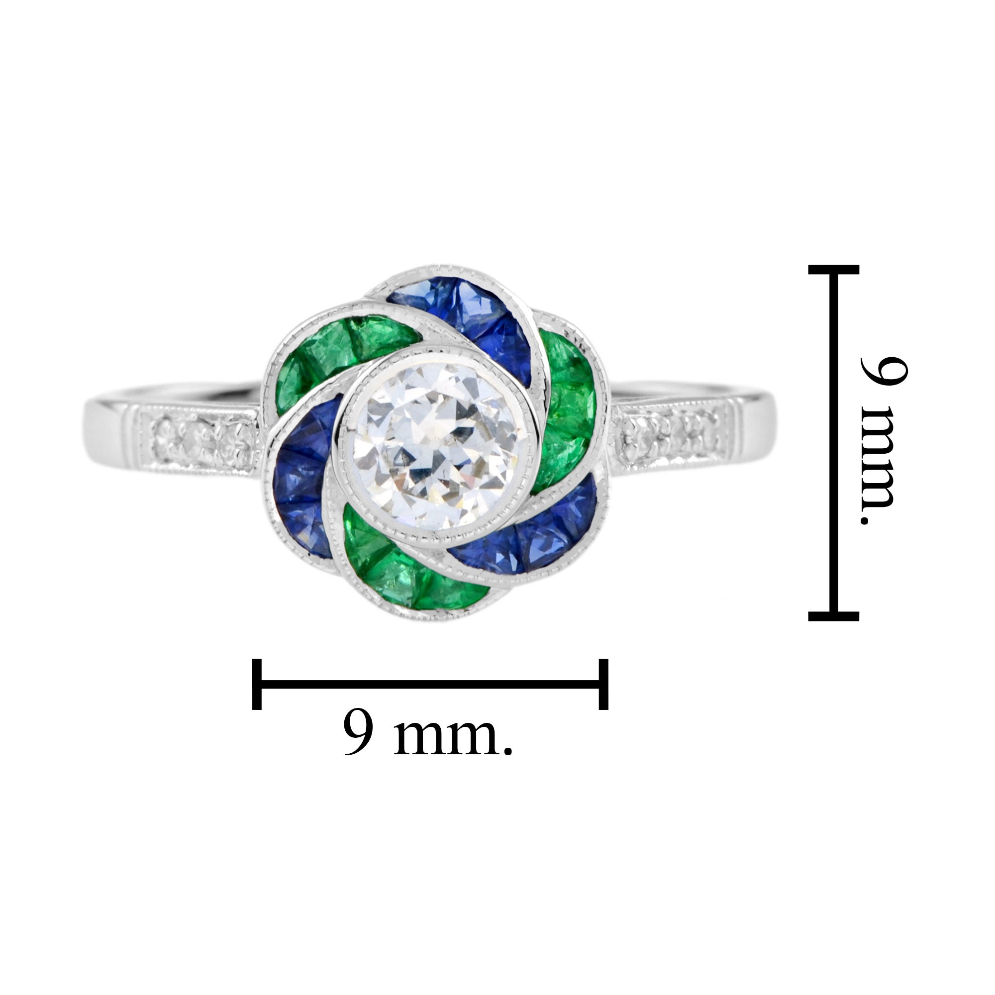 Diamond & Emerald Sapphire Fancy Cut Halo Art Deco Style Rose Flower Ring