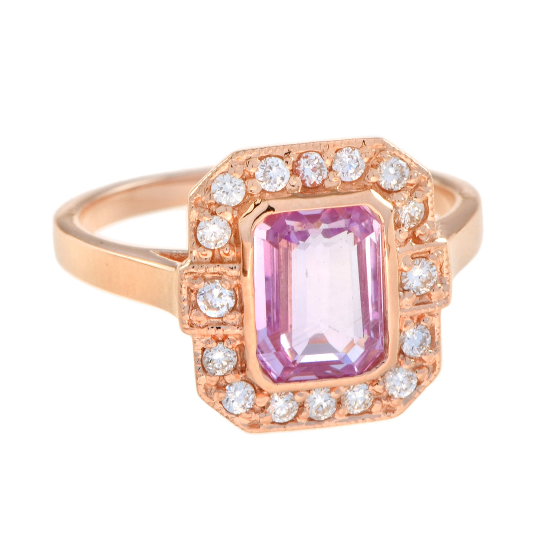 Emerald Cut Pink Sapphire & Diamond Halo Set Engagement 14K Rose Gold Ring
