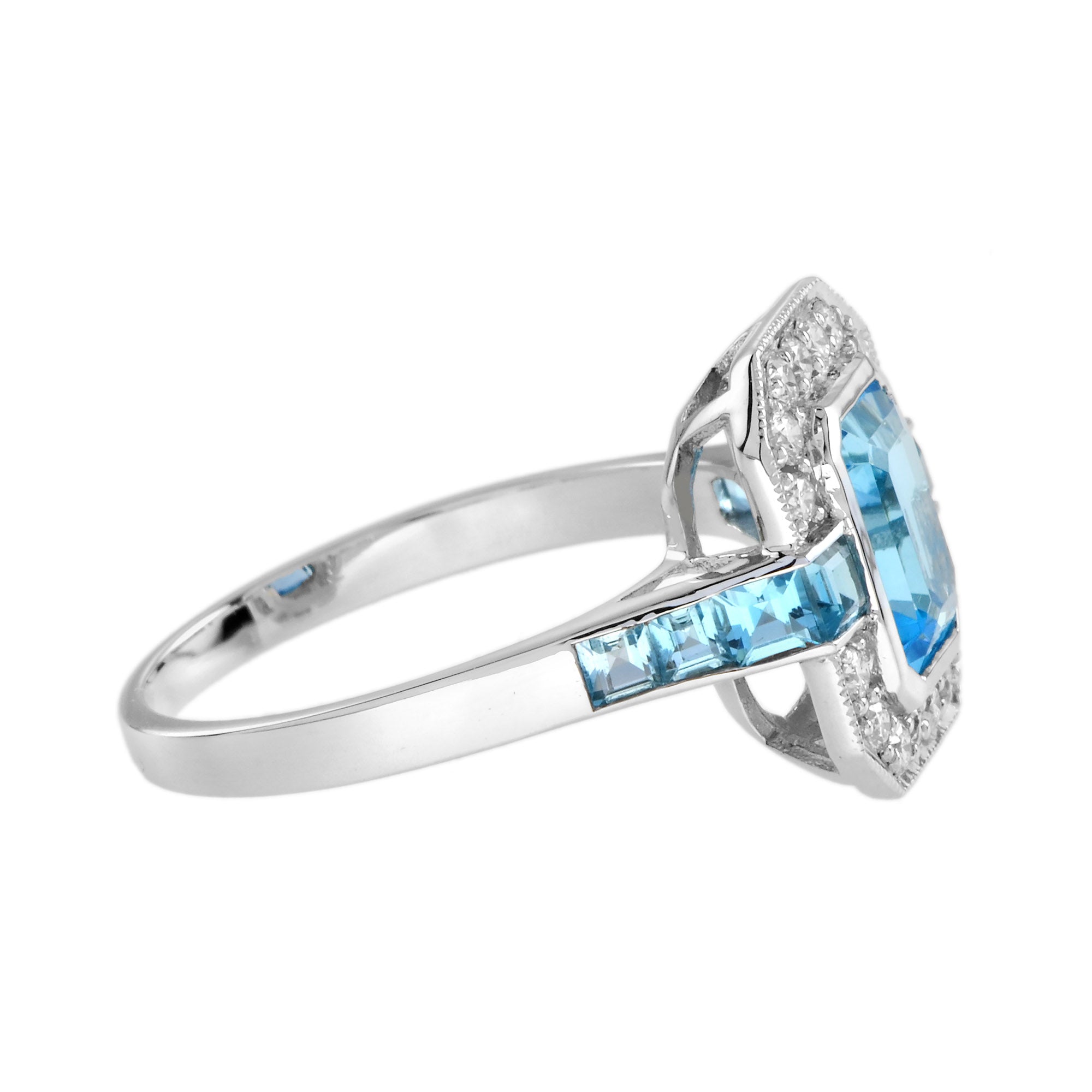 Octagon Swiss Blue Topaz & Diamond Art Deco Style 14K Halo Set White Gold Ring