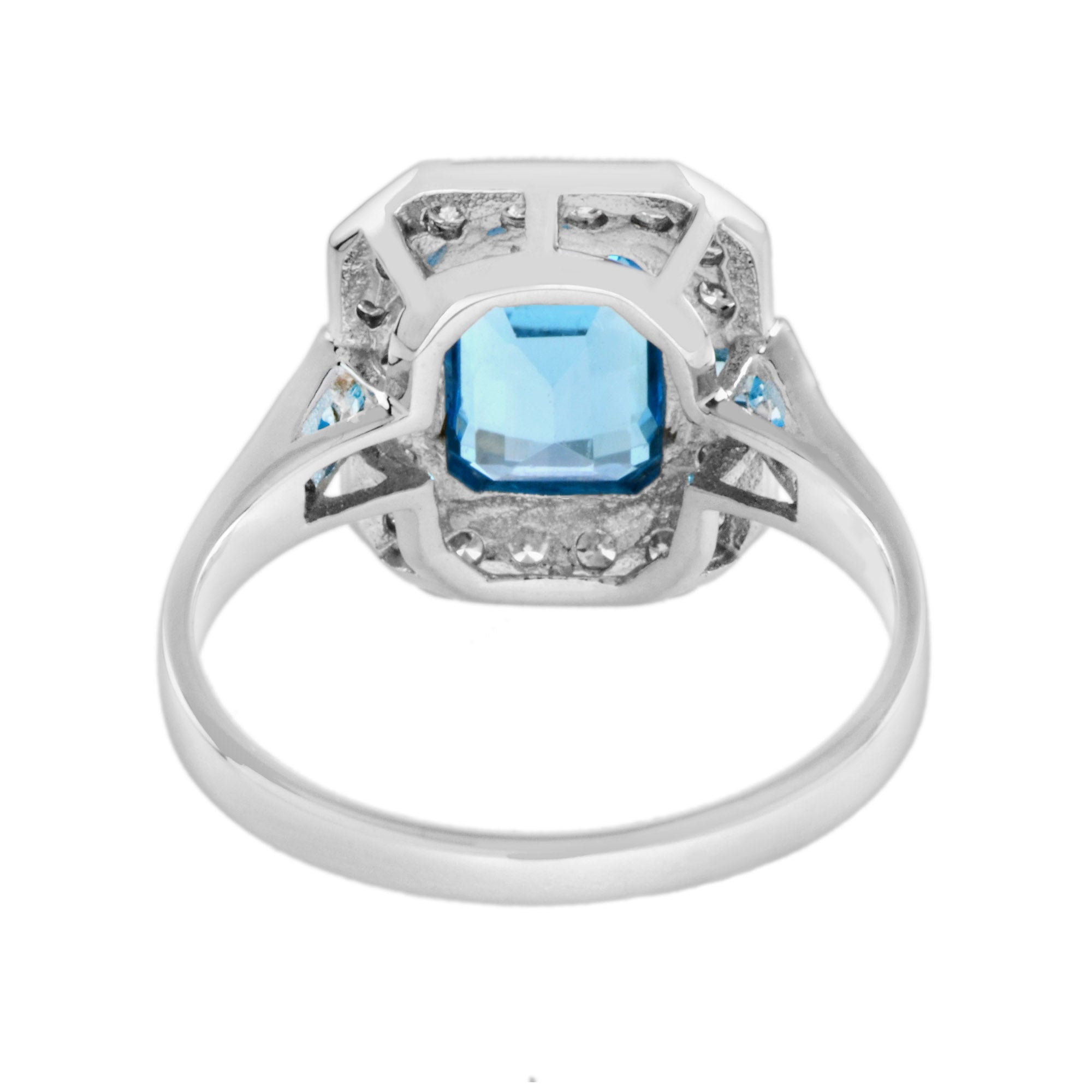 Octagon Swiss Blue Topaz & Diamond Art Deco Style 14K Halo Set White Gold Ring