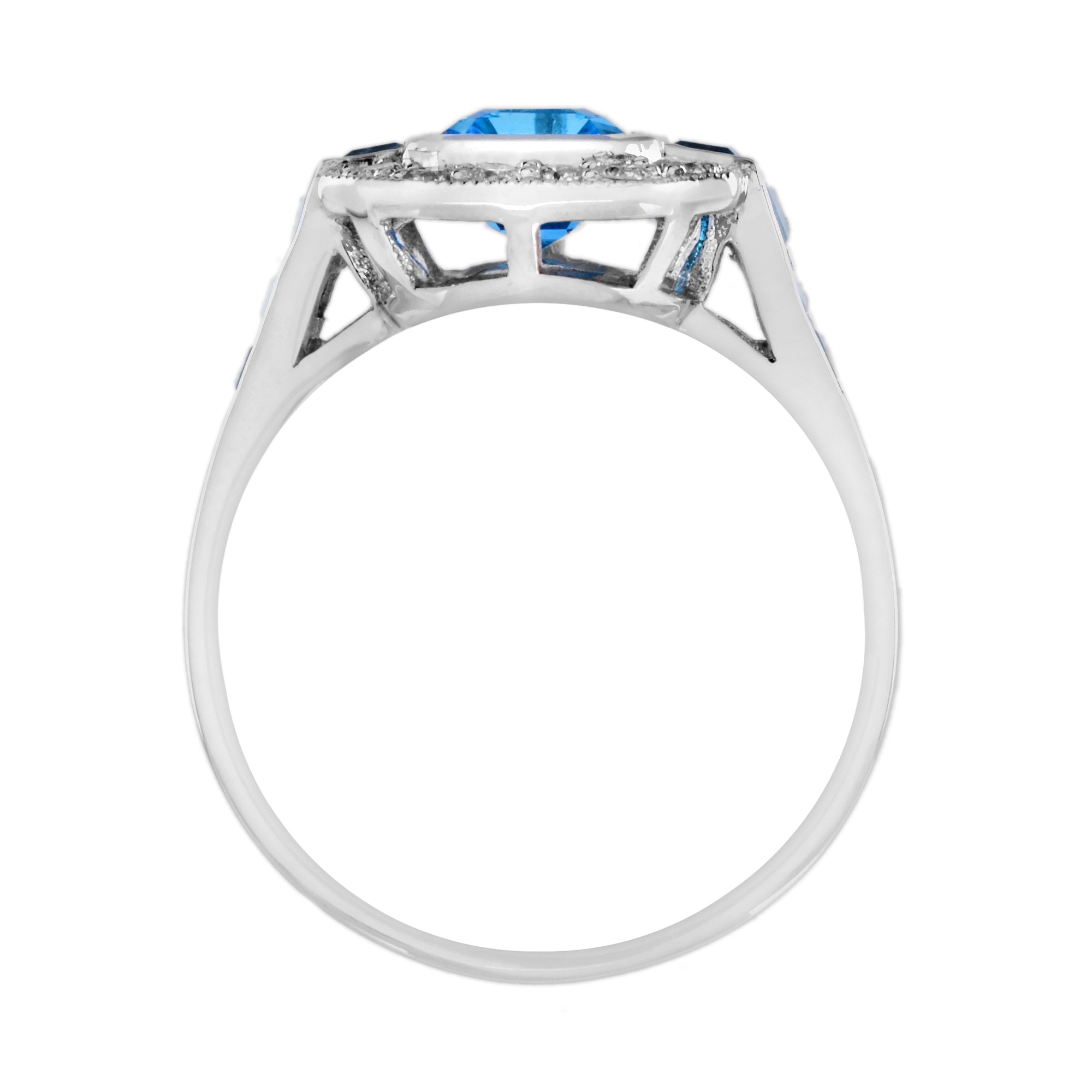 Octagon Swiss Blue Topaz & Diamond Art Deco Style 14K Halo Set White Gold Ring