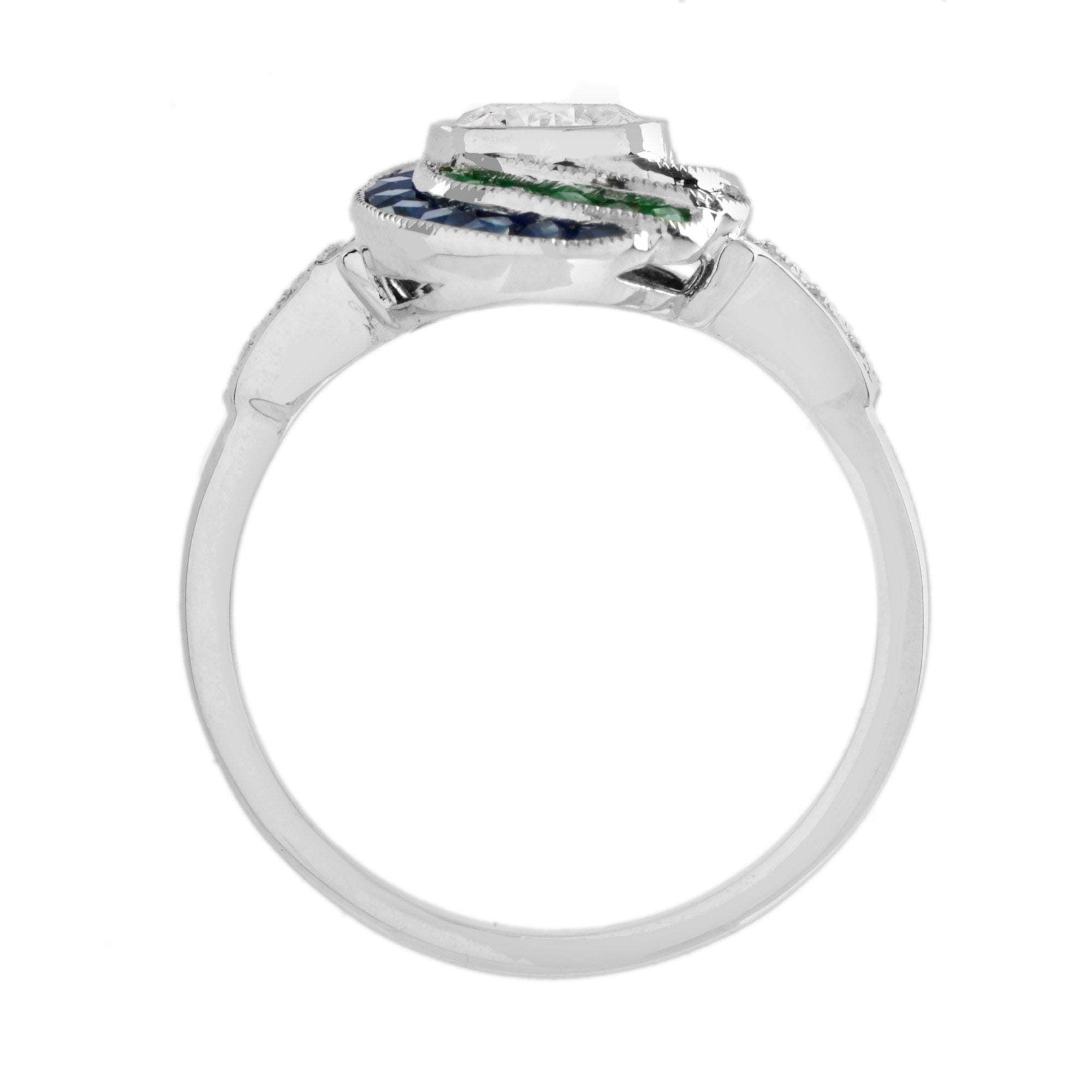 Round Diamond Ruby Emerald Sapphire Swirl Art Deco Style 18K White Gold Ring