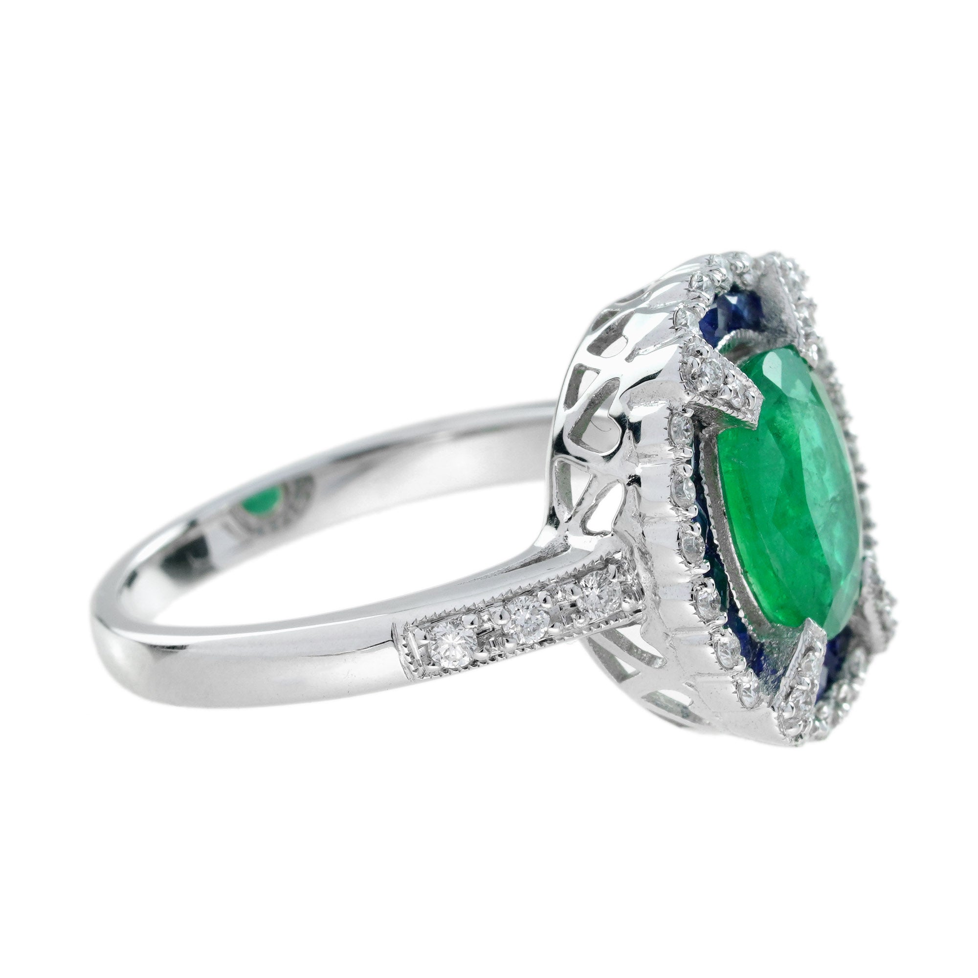 Oval Green Emerald & Sapphire Diamond Art Deco Style Halo 18K White Gold Ring