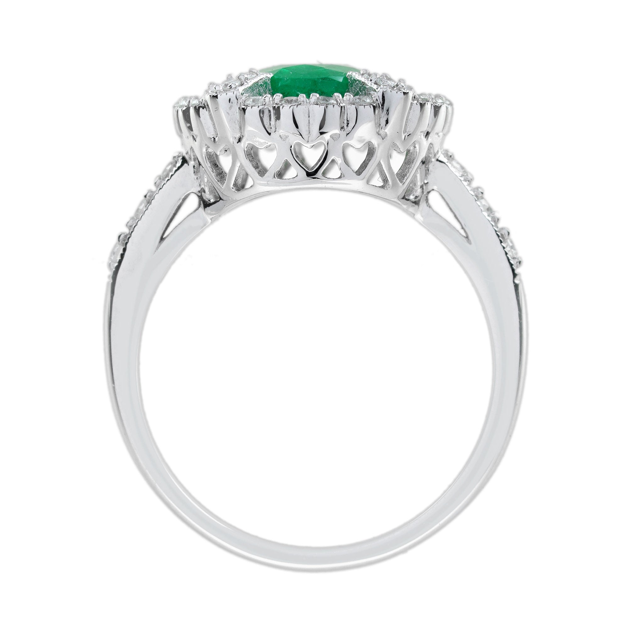 Oval Green Emerald & Sapphire Diamond Art Deco Style Halo 18K White Gold Ring