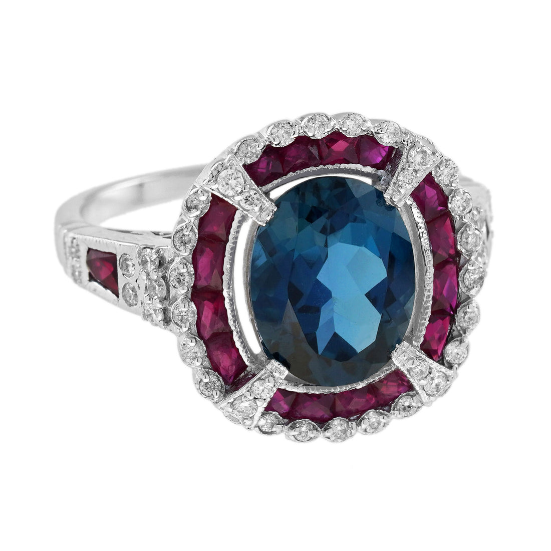 Oval Shape London Blue Topaz Ruby & Diamond Art Deco Style Halo White Gold Ring